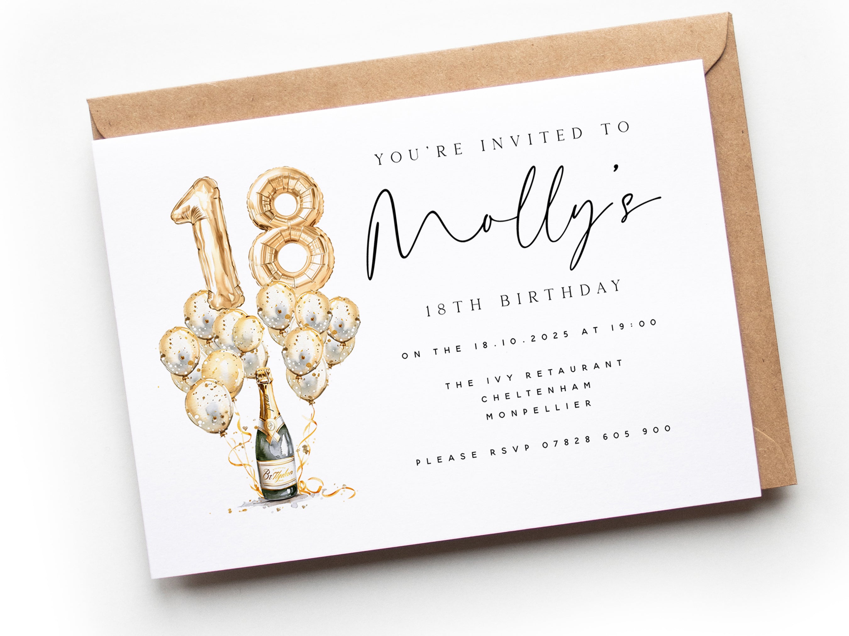 Personalised 18th birthday invitation gold balloon & Champagne