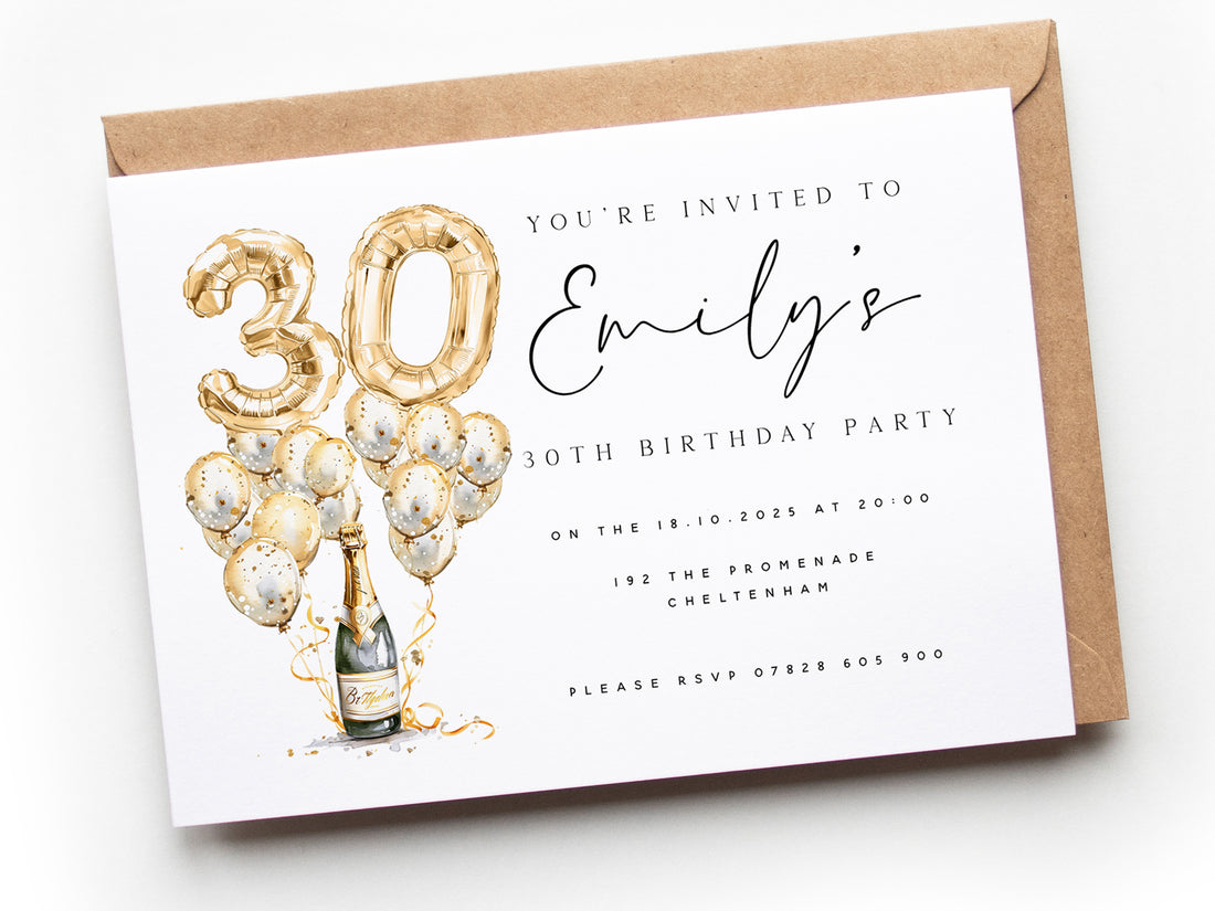 Personalised 30th birthday invitation gold balloon & Champagne