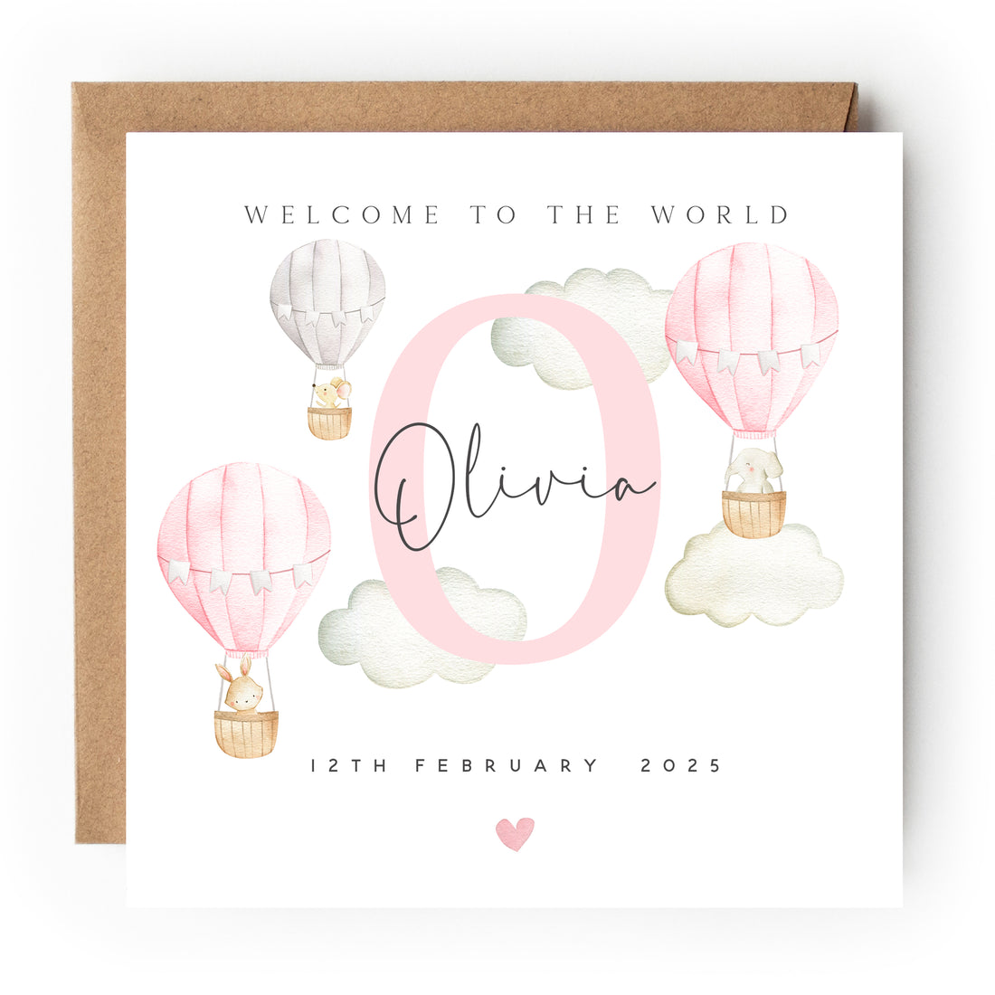 Personalised Welcome To The World Pink Hot Air Balloon Newborn Baby Card
