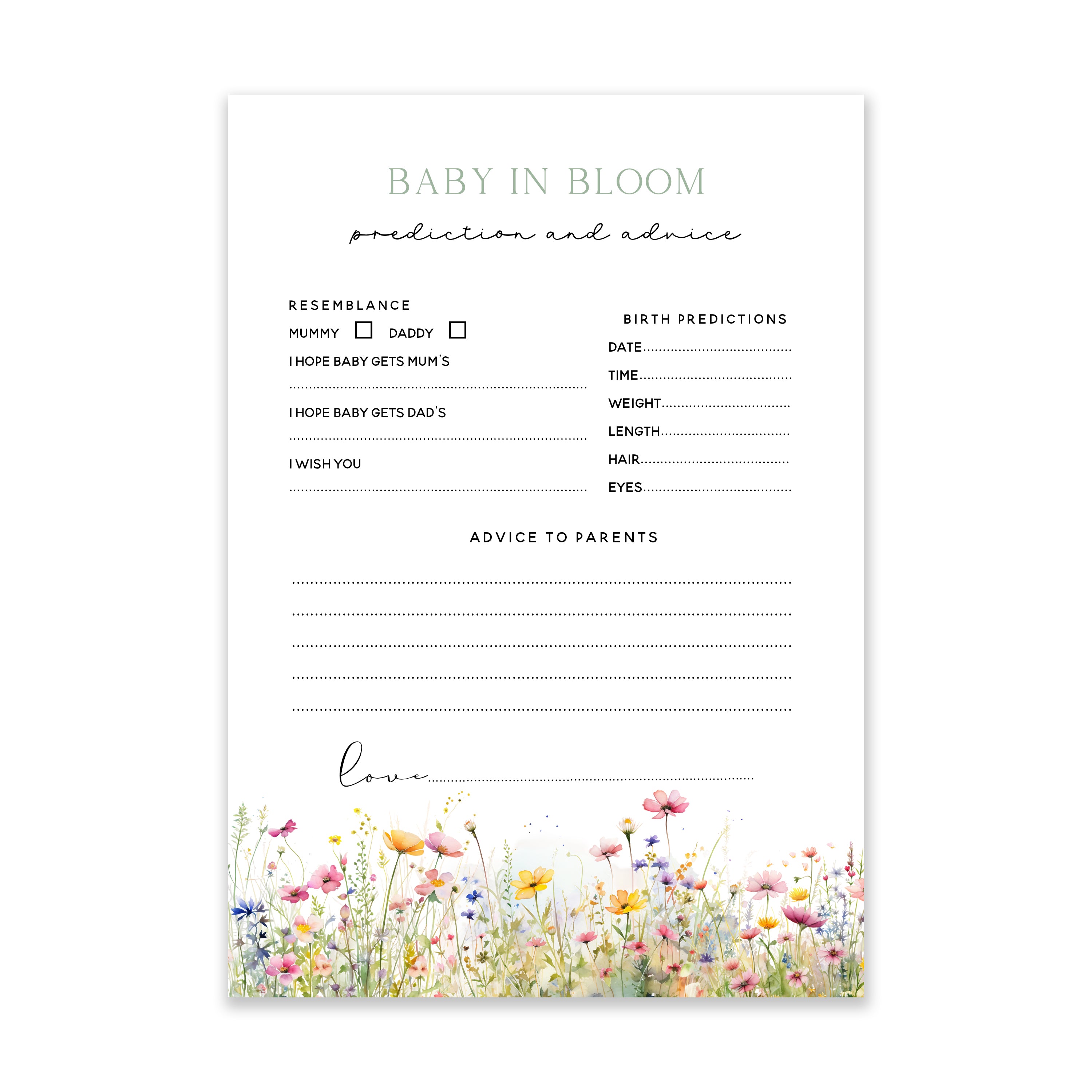 Wildflower Meadow Design Baby Shower Baby Birth Prediction & Advice Cards A5
