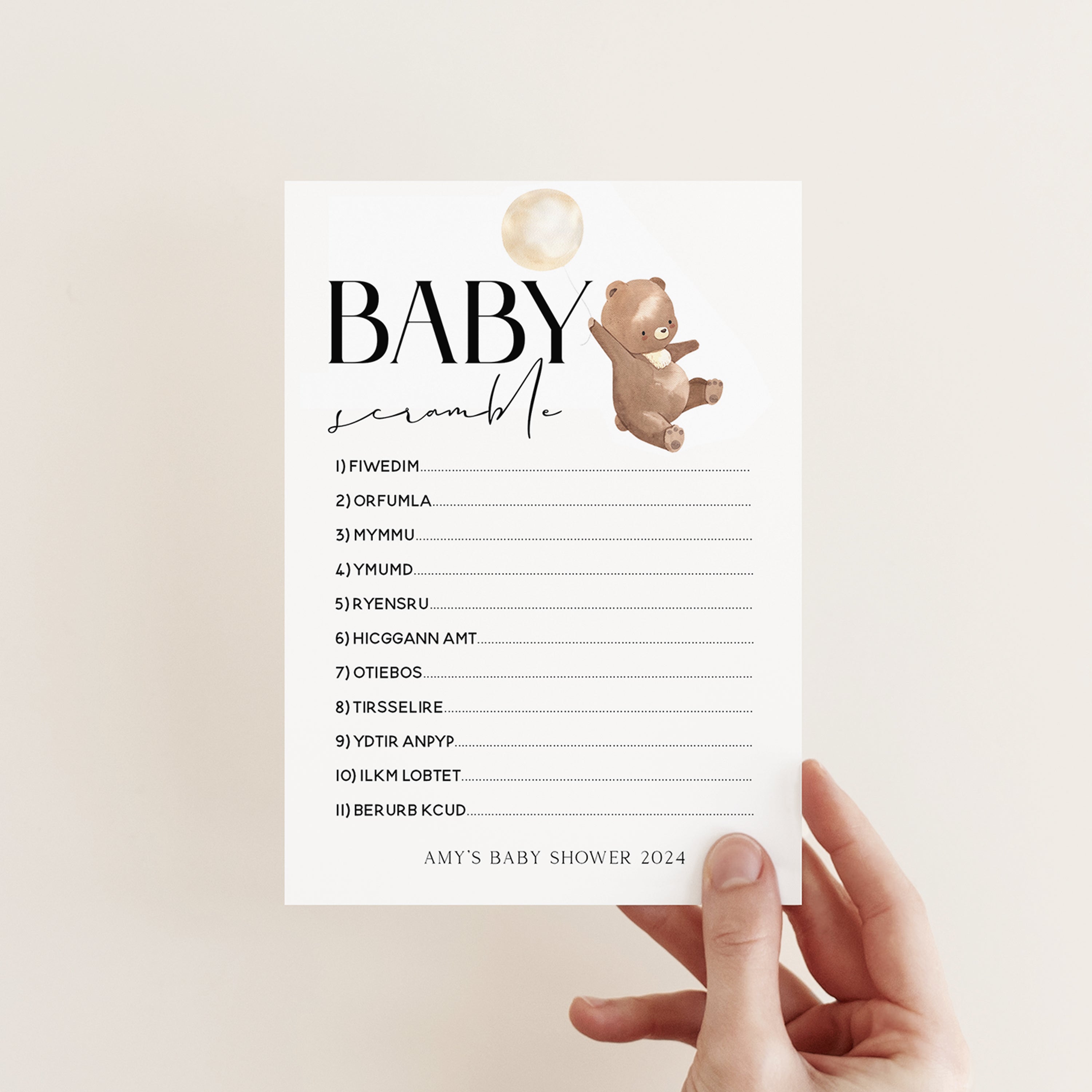 Personalised Teddy Bear Baby Word Scramble Cards