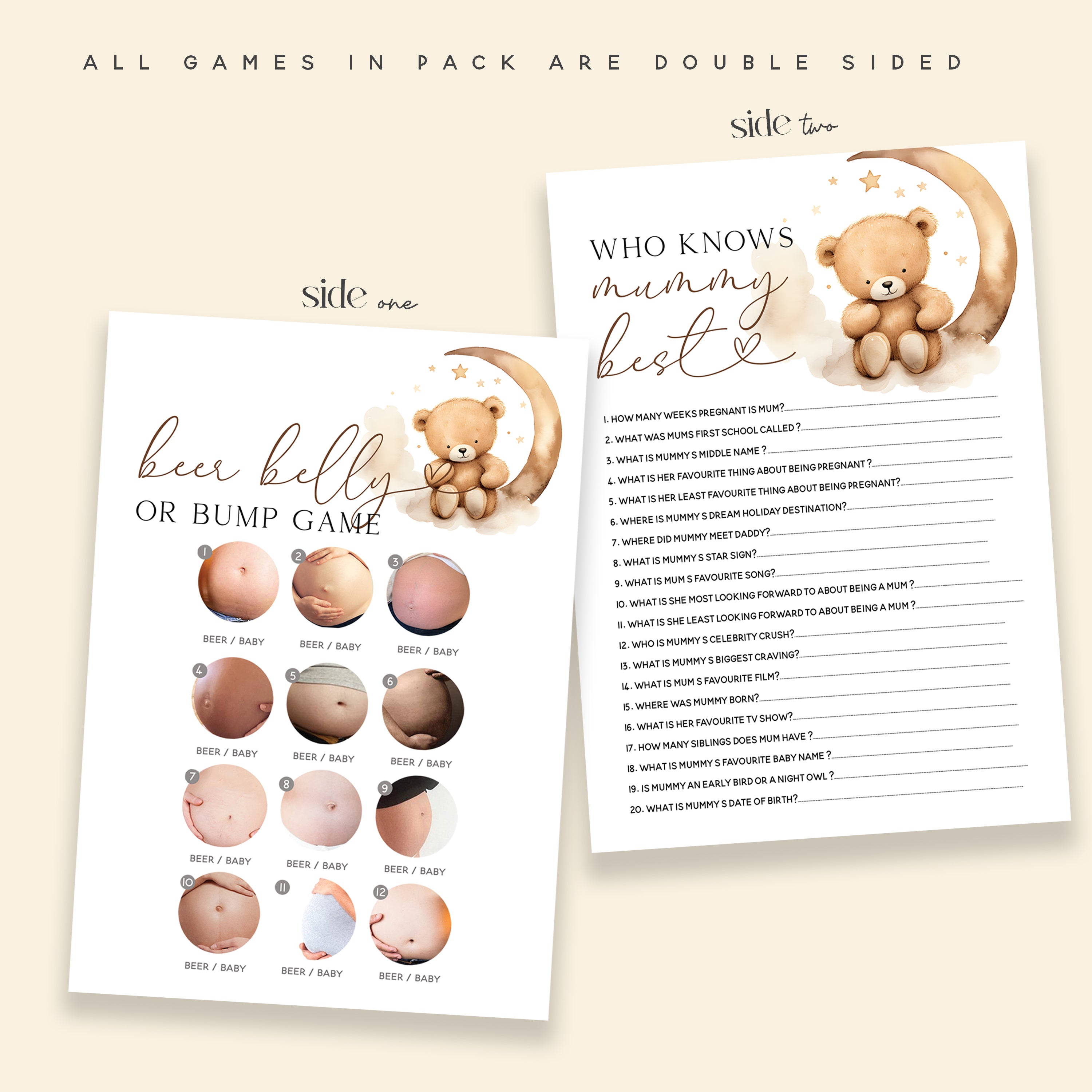 Goodnight Teddy Bear 6 Game Pack Double Sided Baby Shower Game Cards A5
