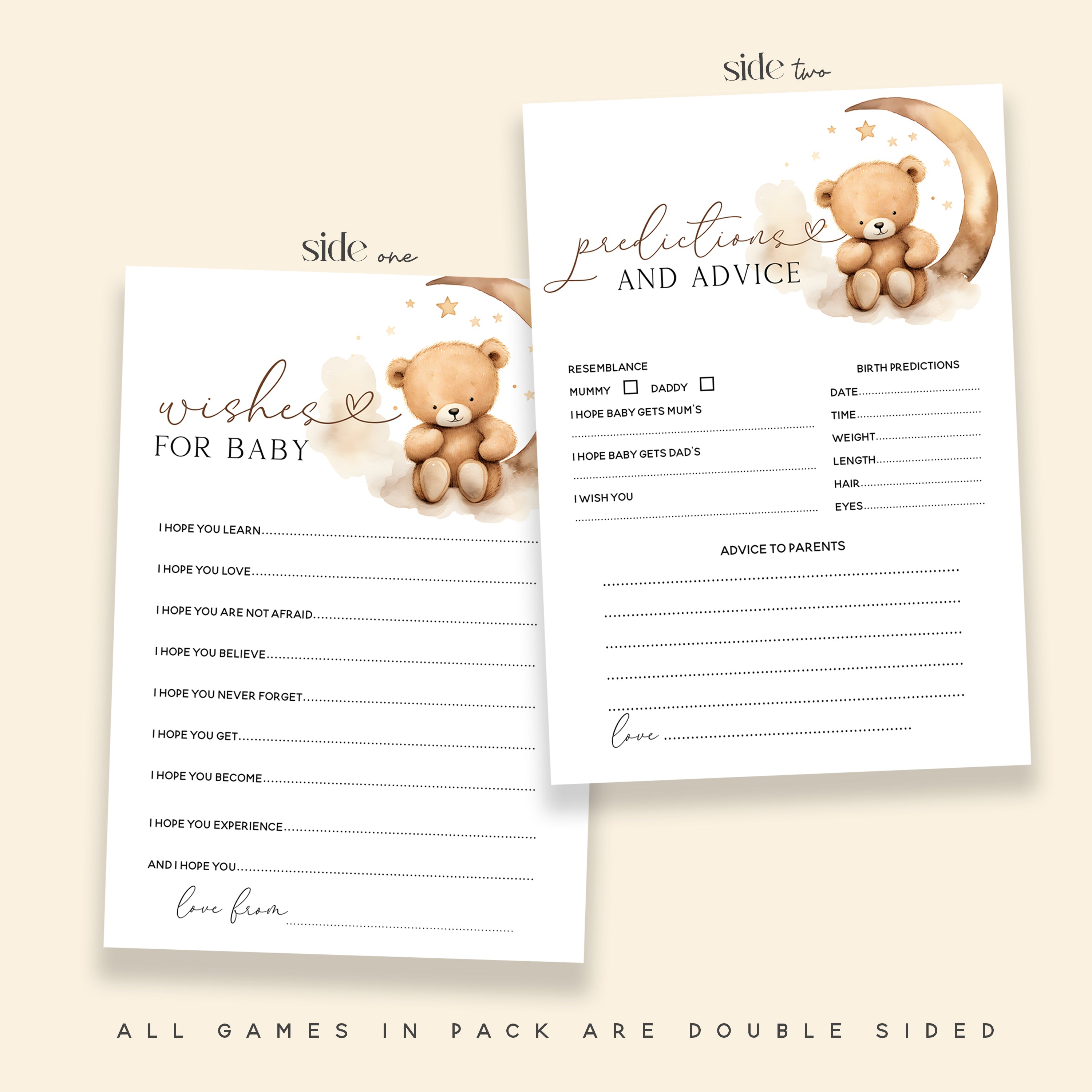 Goodnight Teddy Bear 6 Game Pack Double Sided Baby Shower Game Cards A5