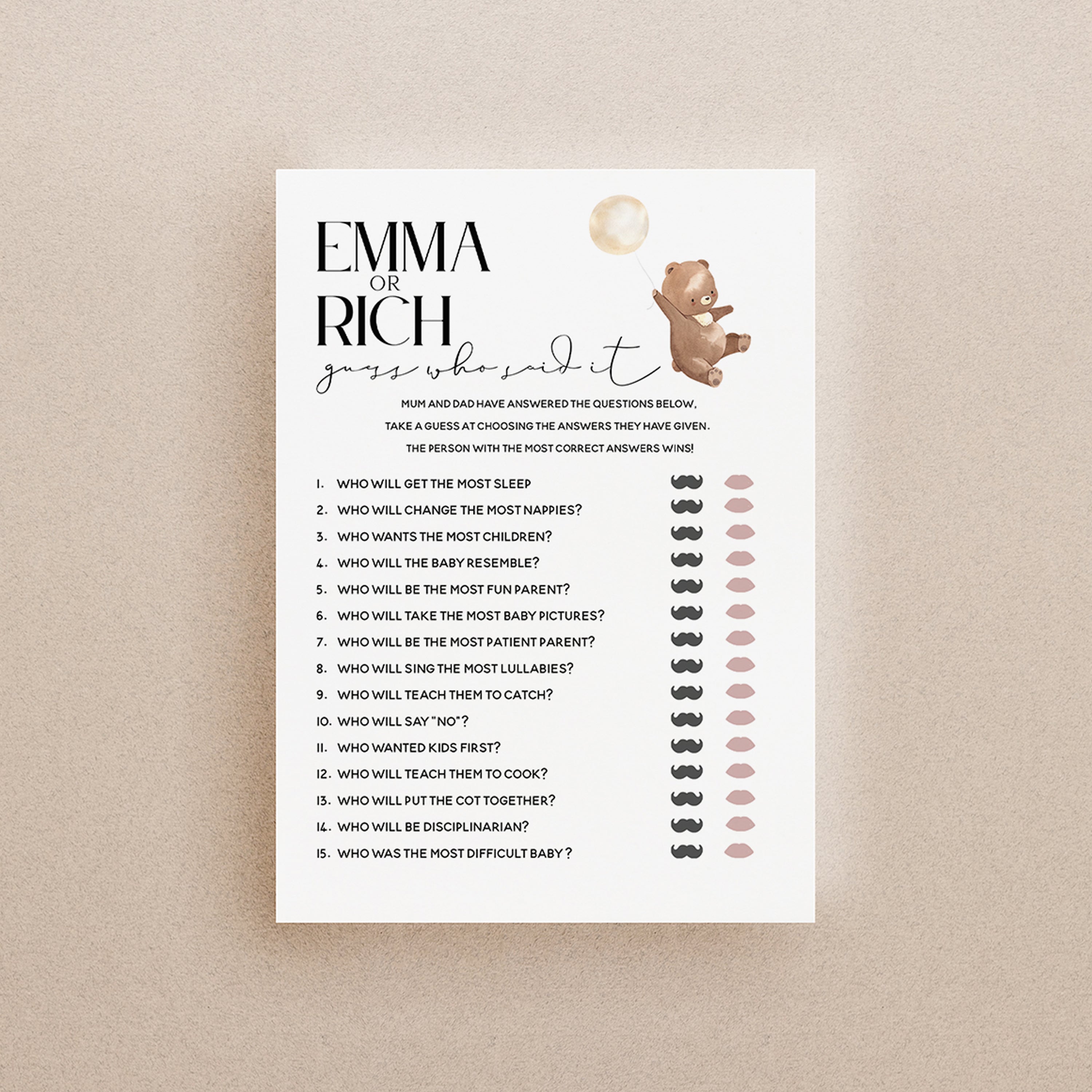 Personalised Teddy Bear Mummy or Daddy Game Cards