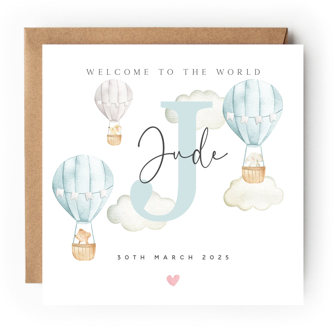 Personalised Welcome To The World Blue Hot Air Balloon Newborn Baby Card