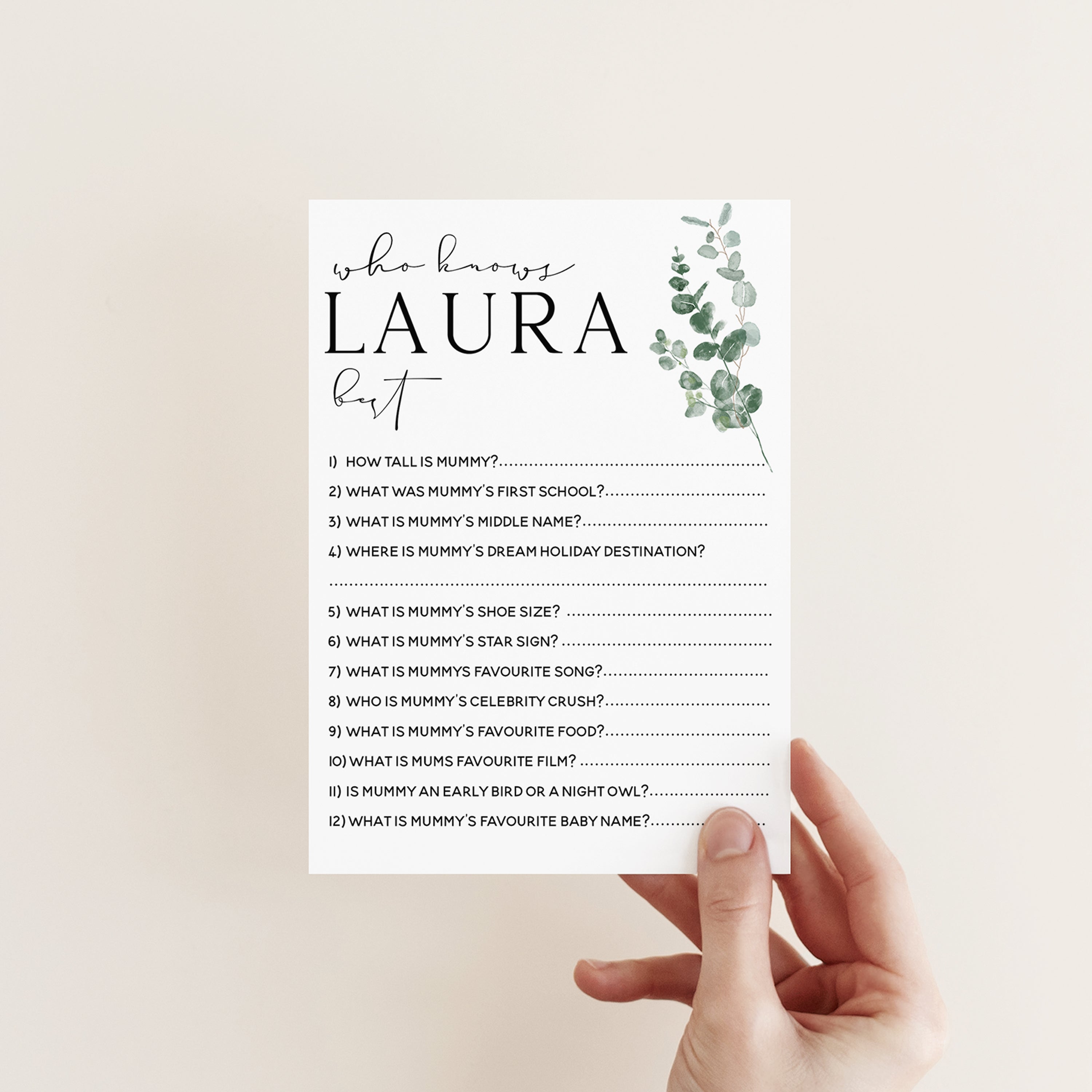 Personalised Botanical Who Knows Mummy Best Game