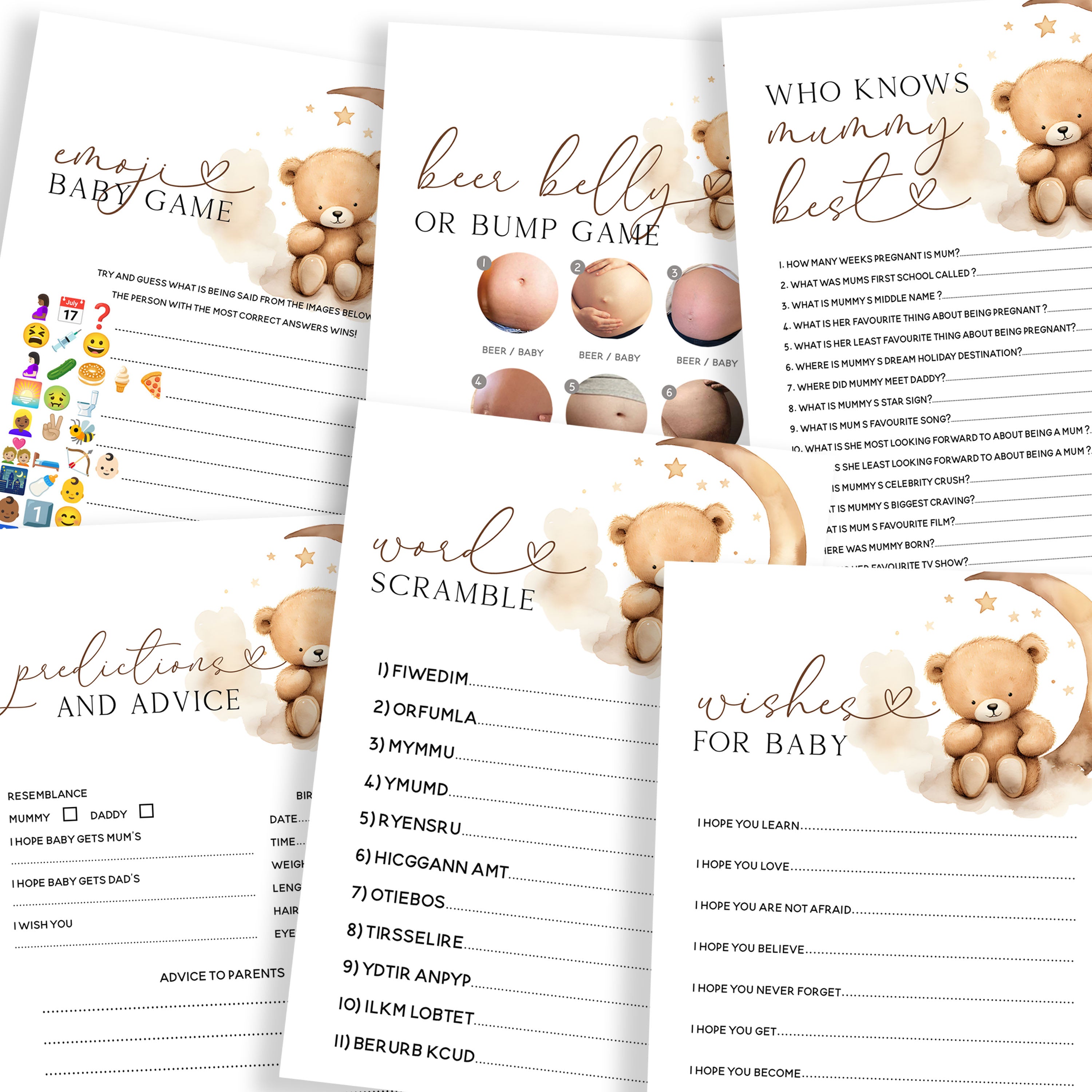 Goodnight Teddy Bear 6 Game Pack Double Sided Baby Shower Game Cards A5