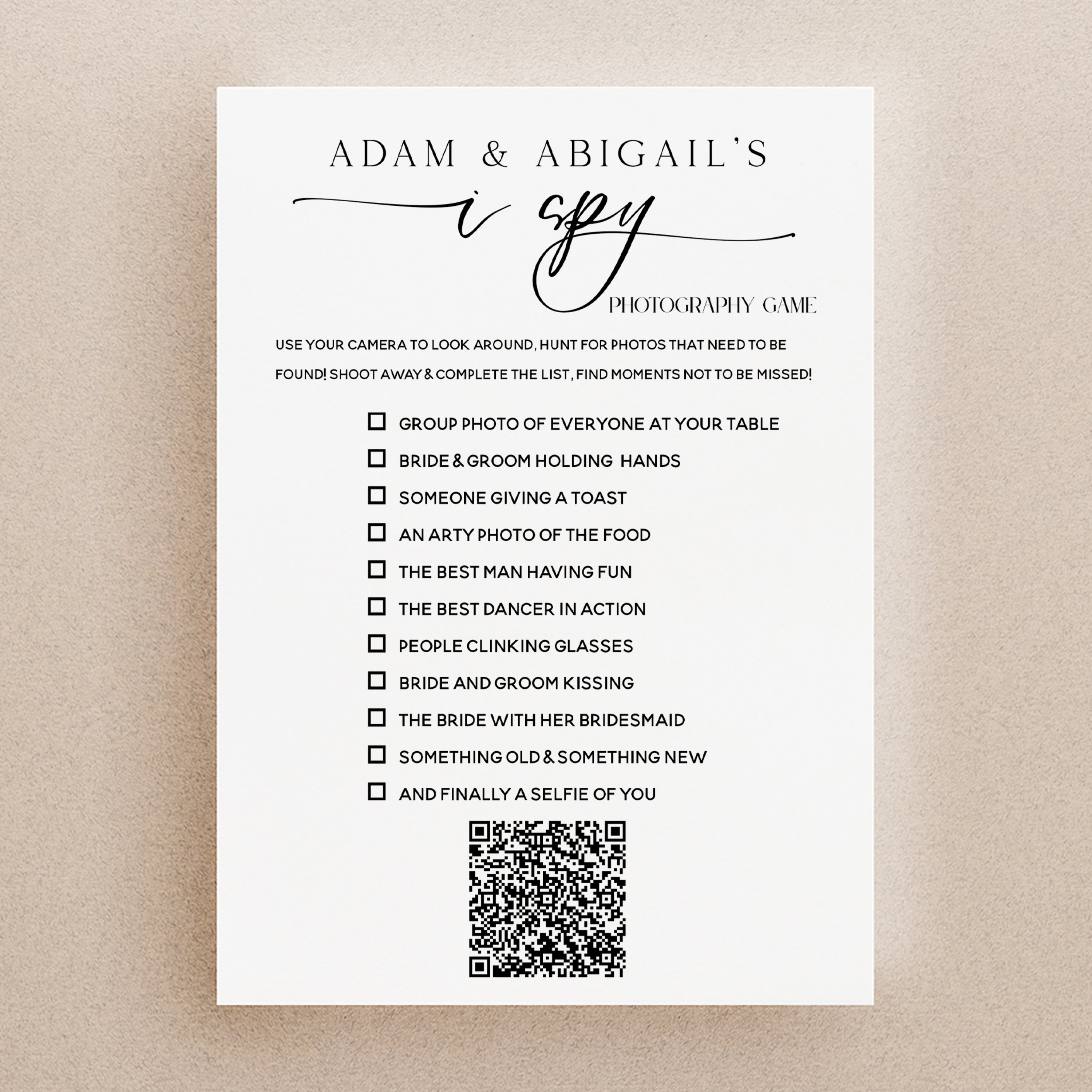Wedding I Spy Game Game with QR code option