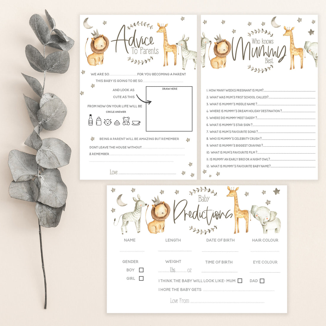 Safari Animals Baby Shower Games 3 In 1 Pack