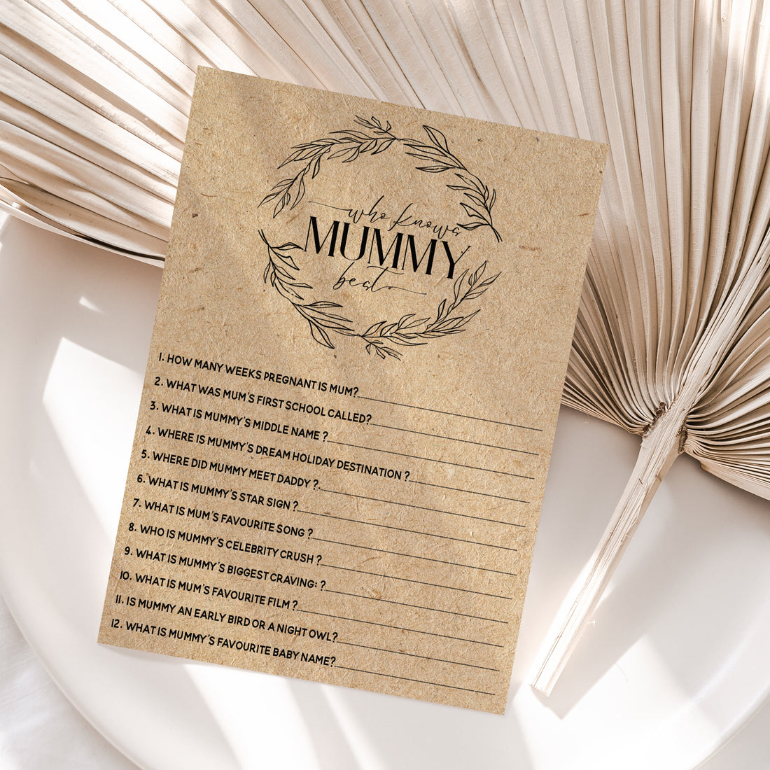 Baby Shower Who Knows Mummy Best Game Cards Boho Botanical Kraft Afternoon Tea Party New Mum To Be Gender Reveal Party Games Favours Ideas