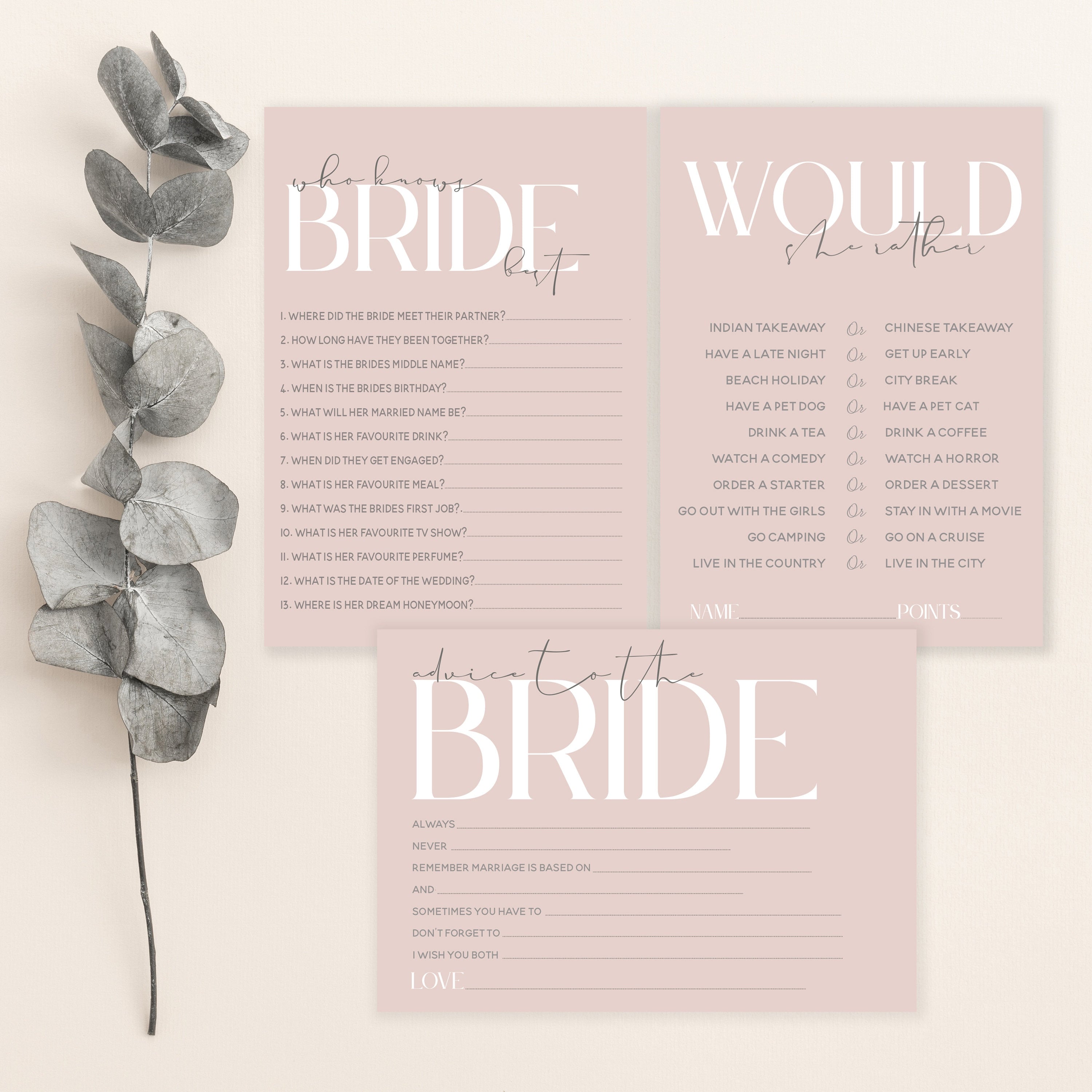 Hen Party Games TRIPLE PACK-Advice To The Bride Cards -Who Knows Bride-Would She rather-Hen Party Accessories Hen Do Games-Blush Pink design
