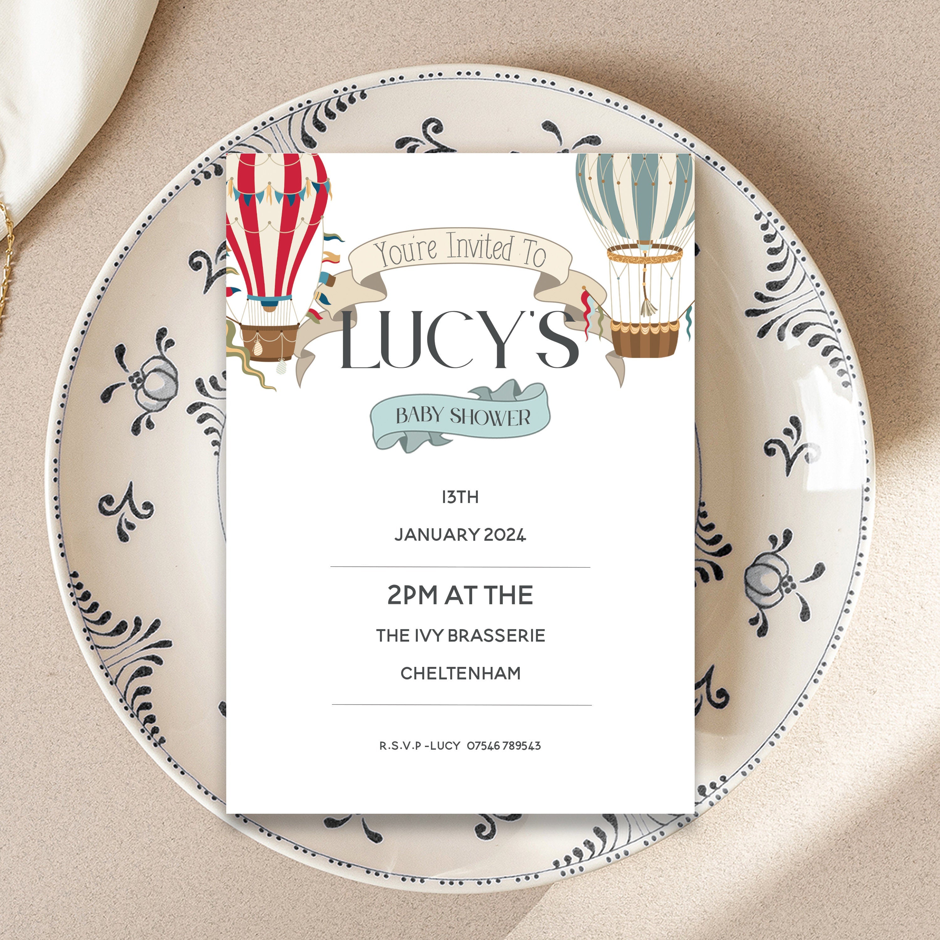 Personalised Baby Shower Invite Hot Air Balloon Theme