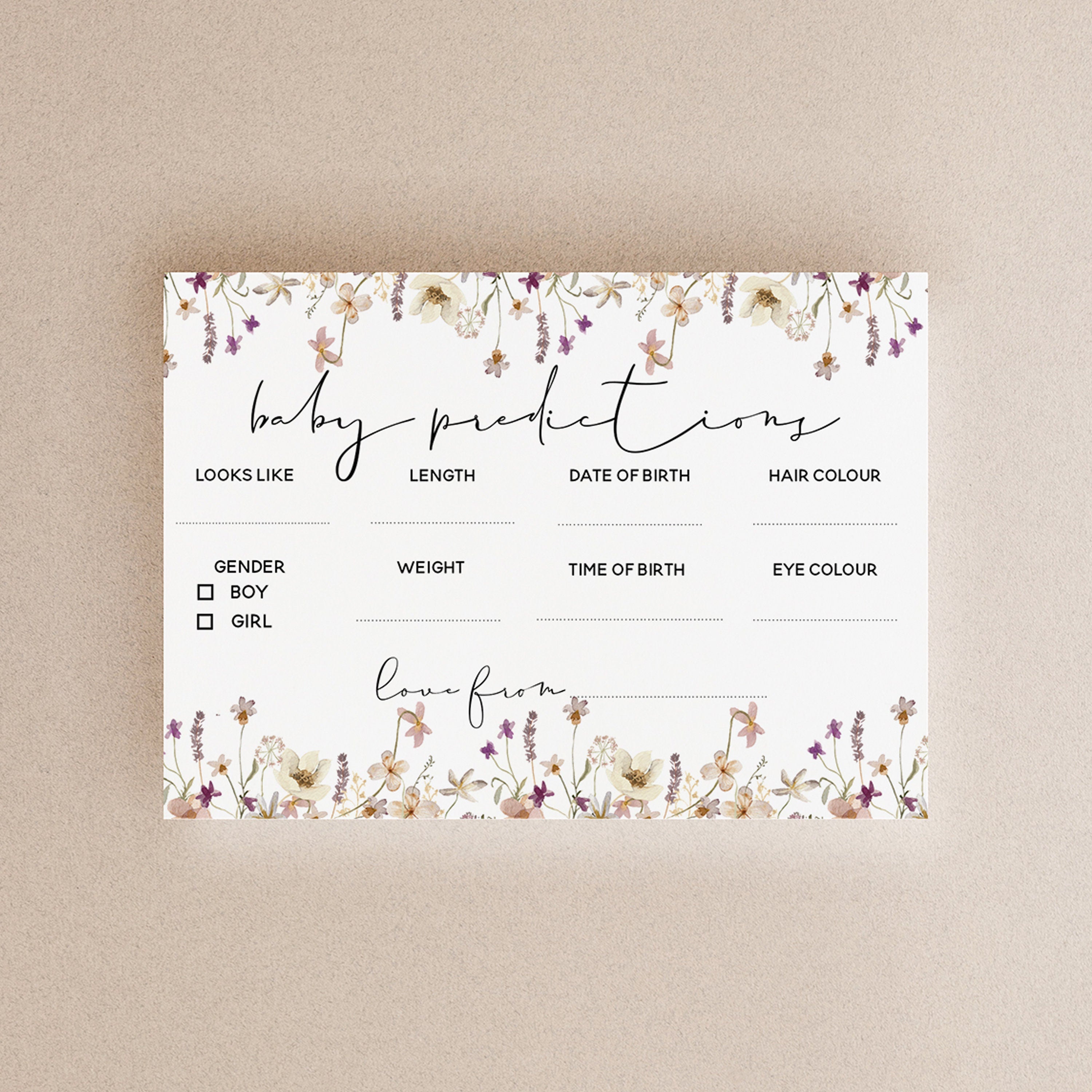 Wild Flower Design Baby Shower Baby Birth Prediction Cards