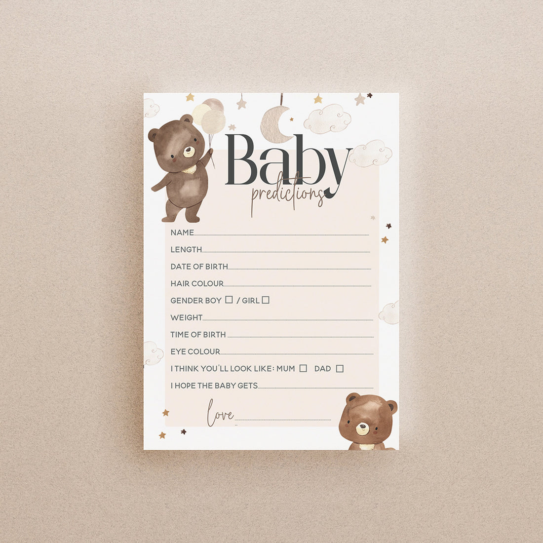 Baby Shower Bear Game Prediction Cards-Neutral Teddy Bear Theme-Bear With Balloon Baby Shower Games-Bear Predictions-Unisex Baby Shower