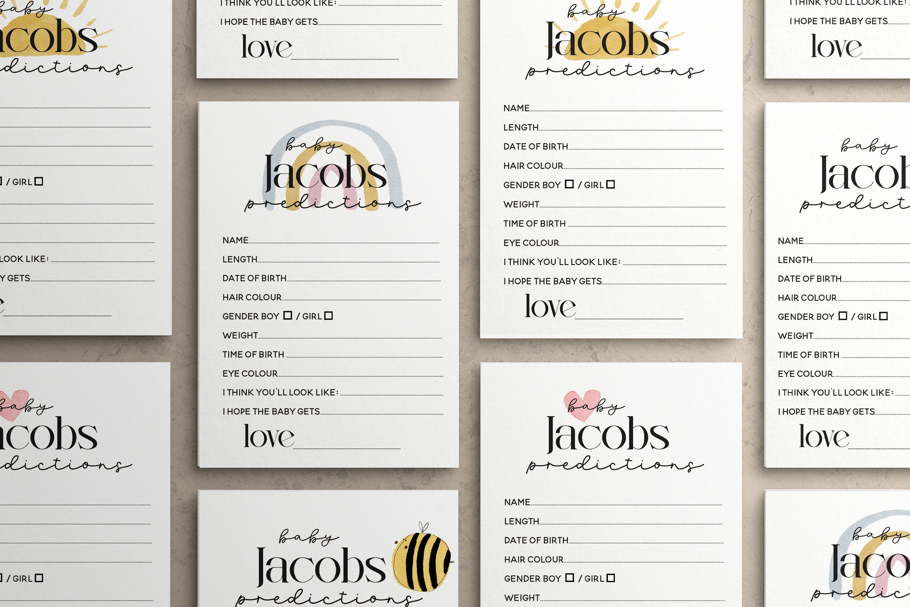 Baby Prediction Cards | Personalised Prediction Game | Baby Shower Games | Heart | Bee | Sun | Rainbow Theme | Neutral Theme | Guess Date