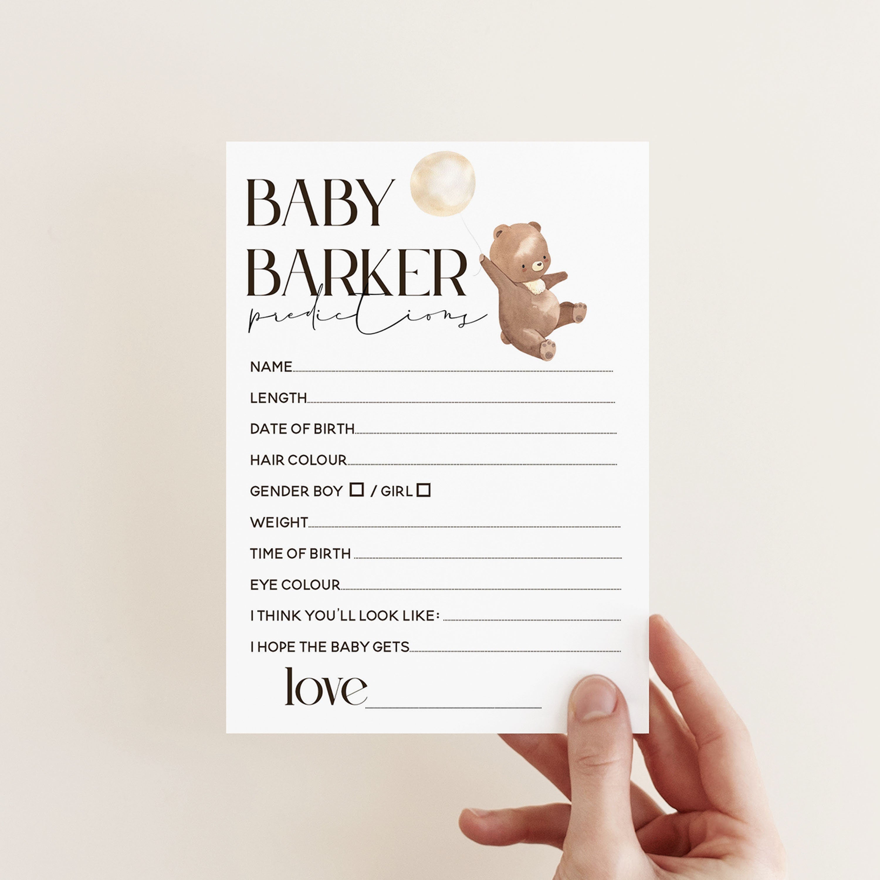 Bear Baby Shower Games-Prediction Cards-Personalised Baby Shower Games-Predictions-Teddy Bear Theme-Gender Neutral Unisex-New Mum Baby Gift