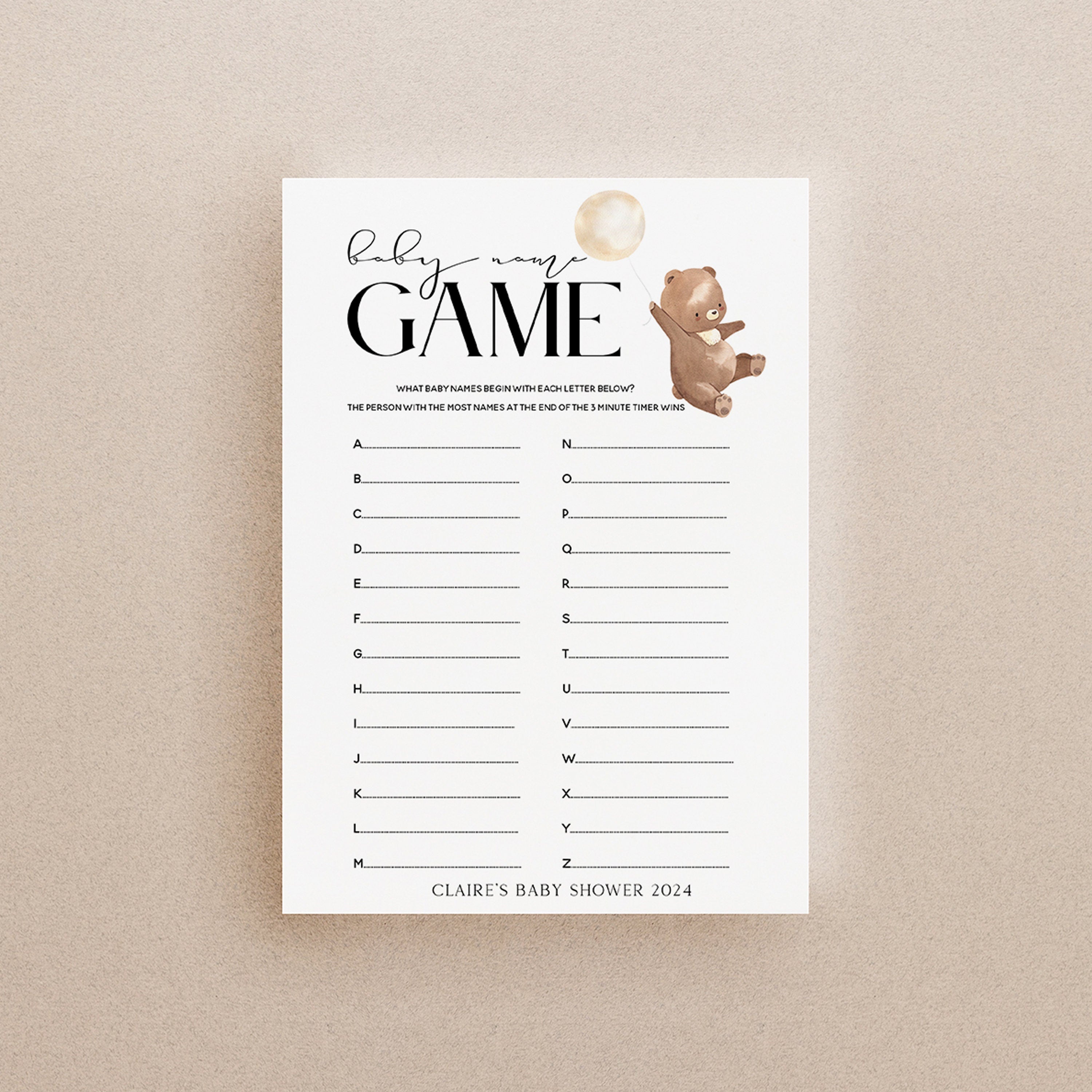 Bear Baby Shower Games- A-Z Name Game Cards-Personalised Baby Shower Games-Baby Name Race-Teddy Bear Theme-Gender Neutral-New Mum Baby Gift