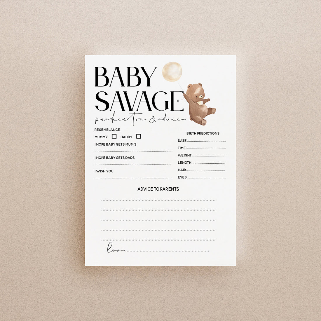Bear Baby Shower Games-Prediction and Advice Cards-Personalised Baby Shower Games-Teddy Bear Theme-Gender Neutral Unisex-New Mum Baby Gift