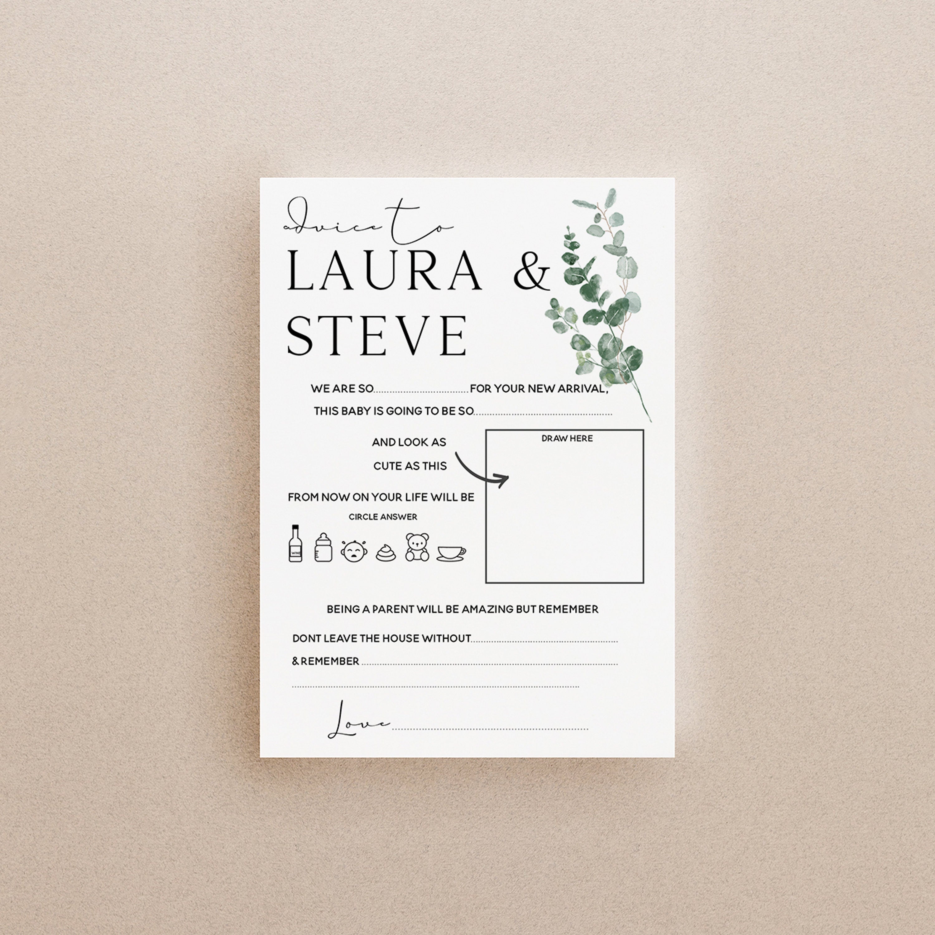 Botanical Baby Shower Games- Advice To Parents Cards-Personalised Baby Shower Games-Custom Advice Sage Theme-Gender Neutral -New Mum Baby