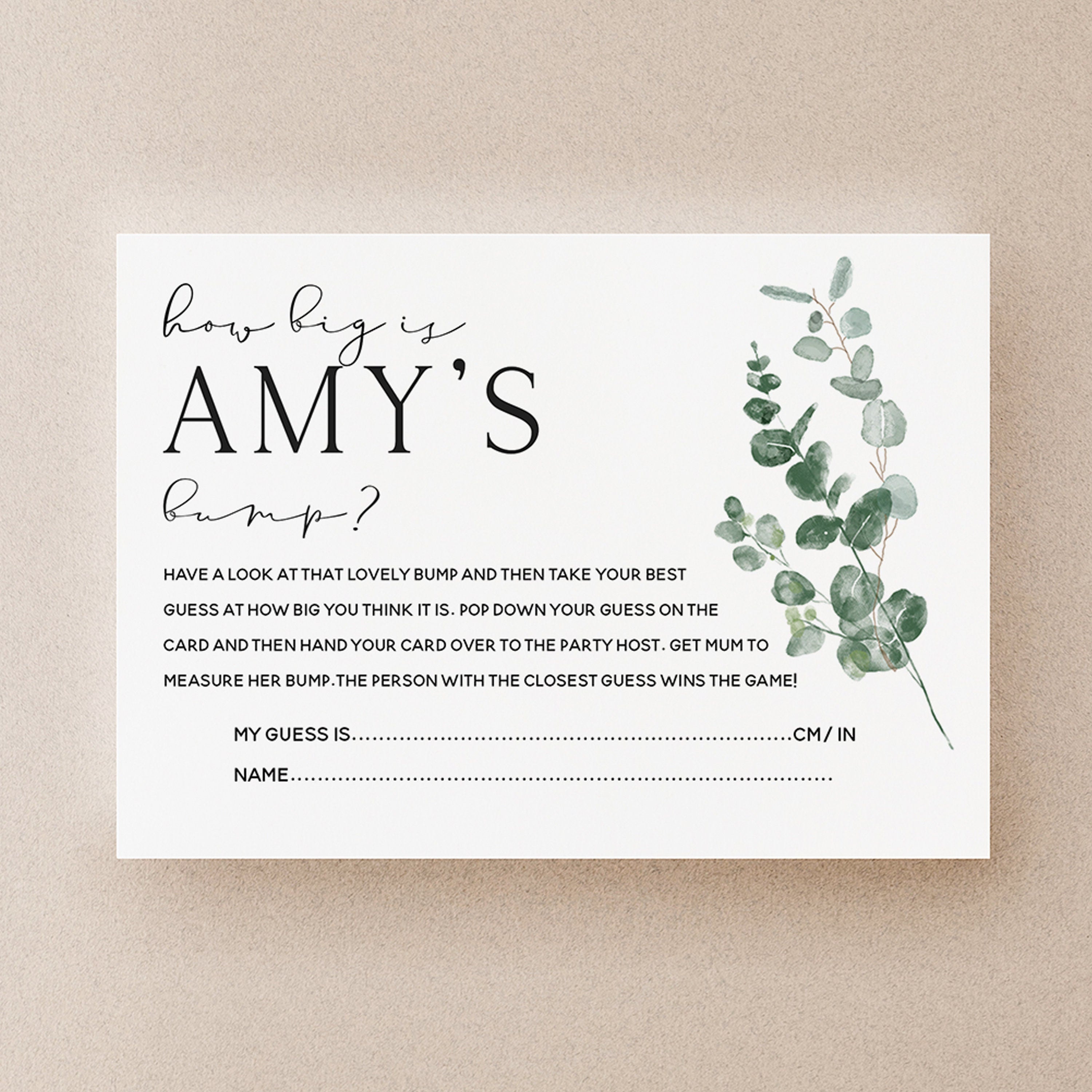 Botanical Baby Shower Games- How Big Is Mums Bump Cards-Personalised Baby Shower Games-Custom Sage Theme Games -Gender Neutral -New Mum Baby