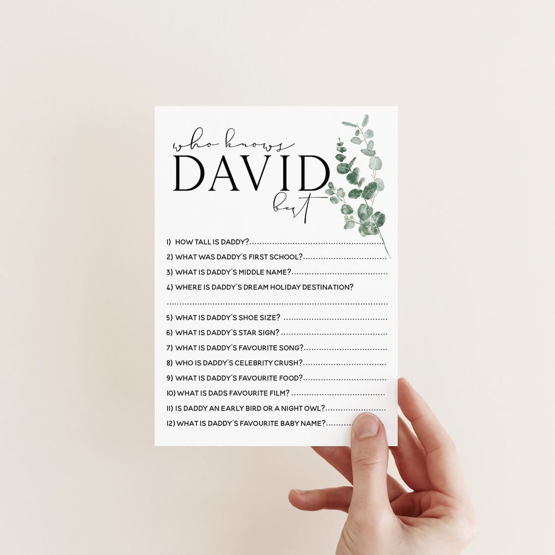 Botanical Baby Shower Games- Who Knows Daddy Best Game -Personalised Baby Shower Games-Custom Games Sage Theme-Gender Neutral -New Mum Baby