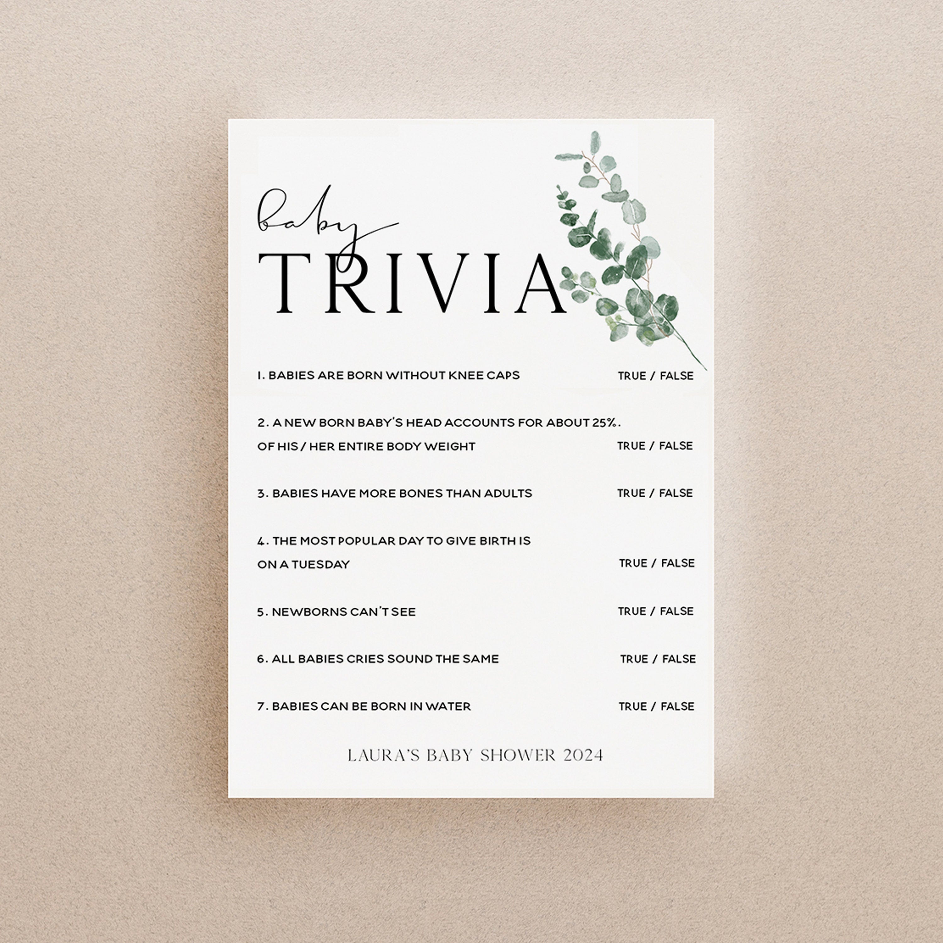 Botanical Baby Shower Games- Baby Trivia Game -Personalised Baby Shower Games-Custom Games Sage Theme-Gender Neutral -New Mum Baby