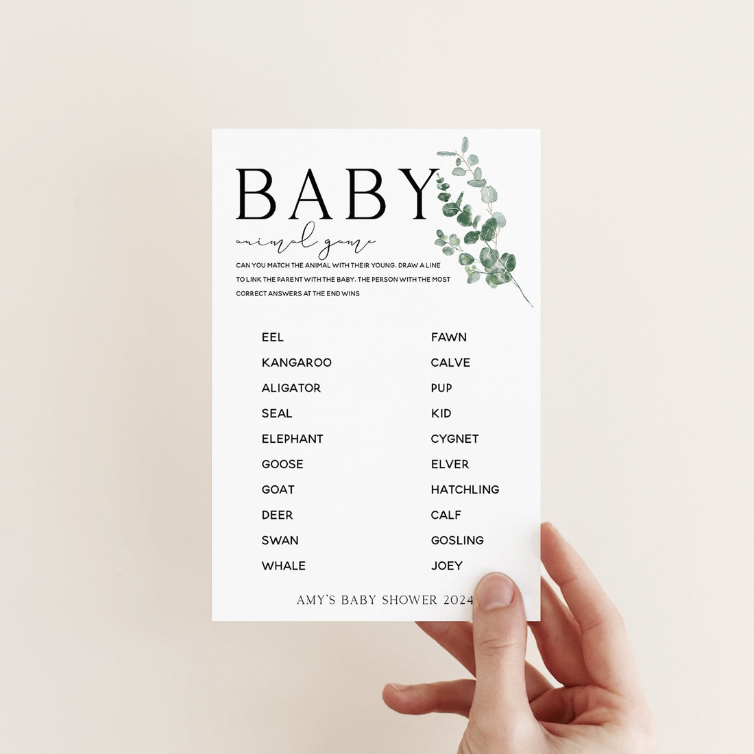 Botanical Baby Shower Games- Match The Animal Game -Personalised Baby Shower Games-Custom Games Sage Theme-Gender Neutral -New Mum Baby