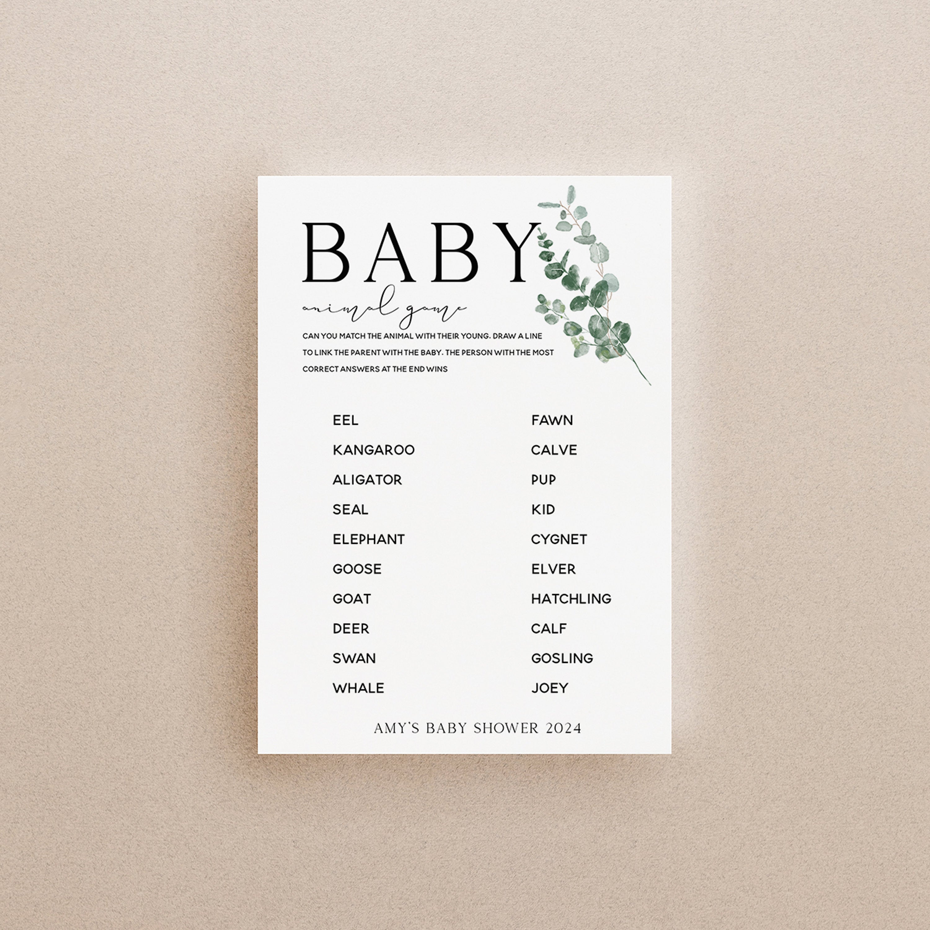 Botanical Baby Shower Games- Match The Animal Game -Personalised Baby Shower Games-Custom Games Sage Theme-Gender Neutral -New Mum Baby