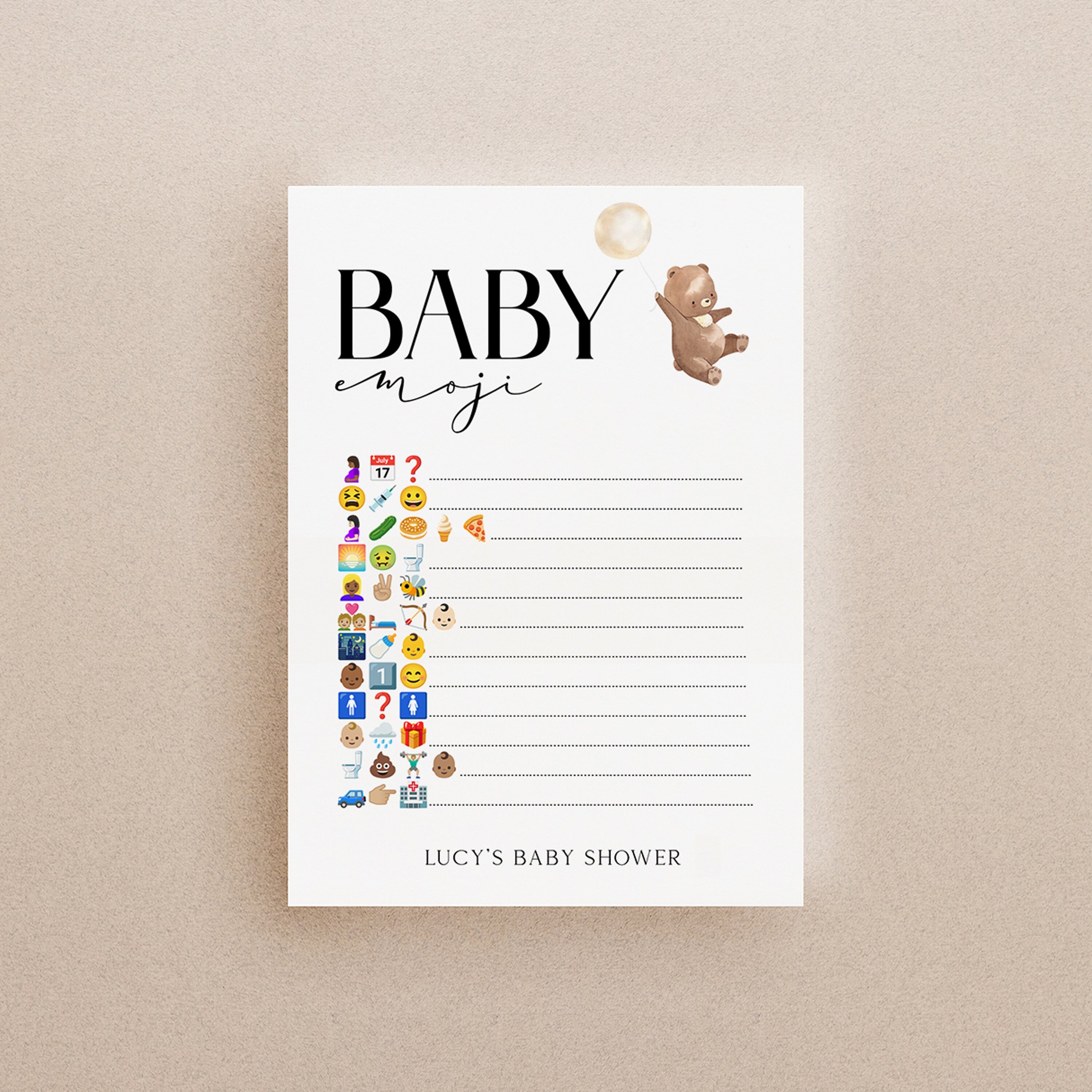 Bear Baby Shower Games-Emoji Game Cards-Personalised Baby Shower Game-Baby Emoji -Teddy Bear Theme-Gender Neutral Unisex-New Mum Baby Gift