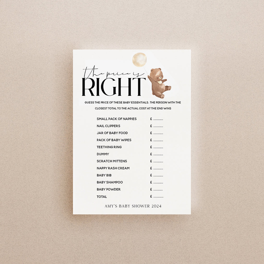Bear Baby Shower Games-Guess The Price Game Card-Personalised Baby Shower Games- Price Is Right-Teddy Bear Theme-Gender Neutral Unisex- Gift