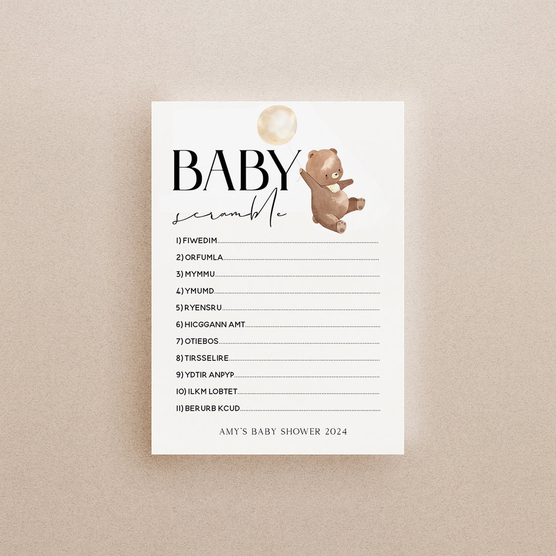 Bear Baby Shower Games-Word Scramble Game Cards-Personalised Baby Shower Games-Teddy Bear Theme-Gender Neutral Unisex-New Mum Baby Gift