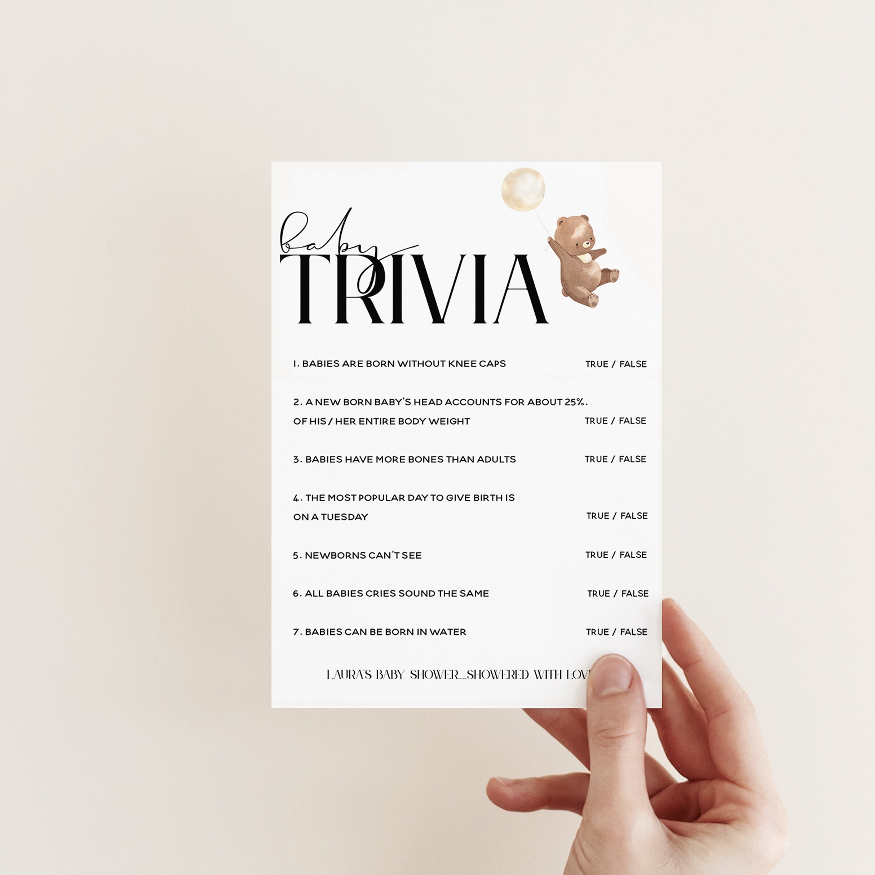 Bear Baby Shower Games-Baby Trivia Game Cards-Personalised Baby Shower Games-Teddy Bear Theme-Gender Neutral Unisex-New Mum Baby Gift