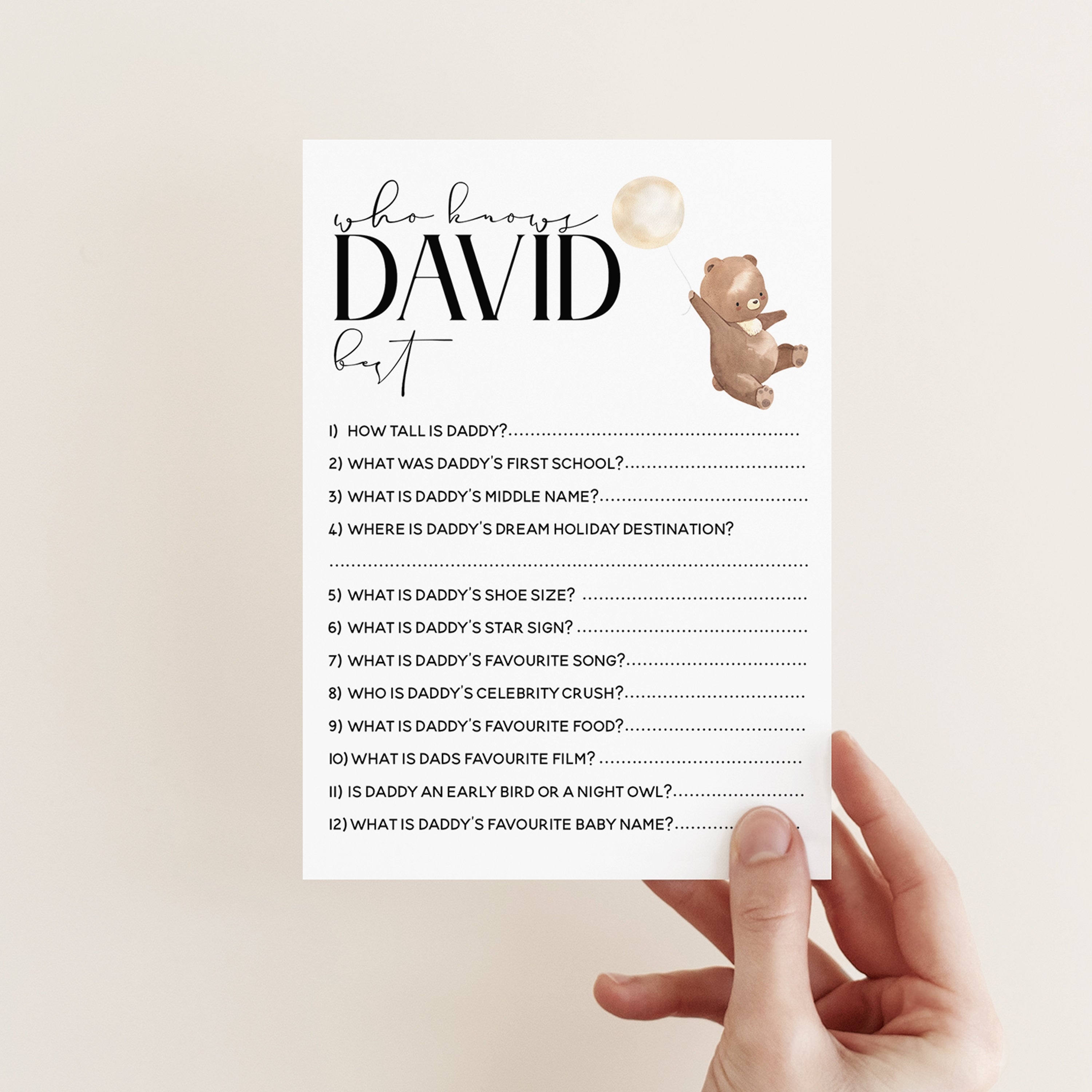 Bear Baby Shower Games-Who Knows Daddy Best Cards-Personalised Baby Shower Games-Teddy Bear Theme-Gender Neutral Unisex-New Mum Baby Gift
