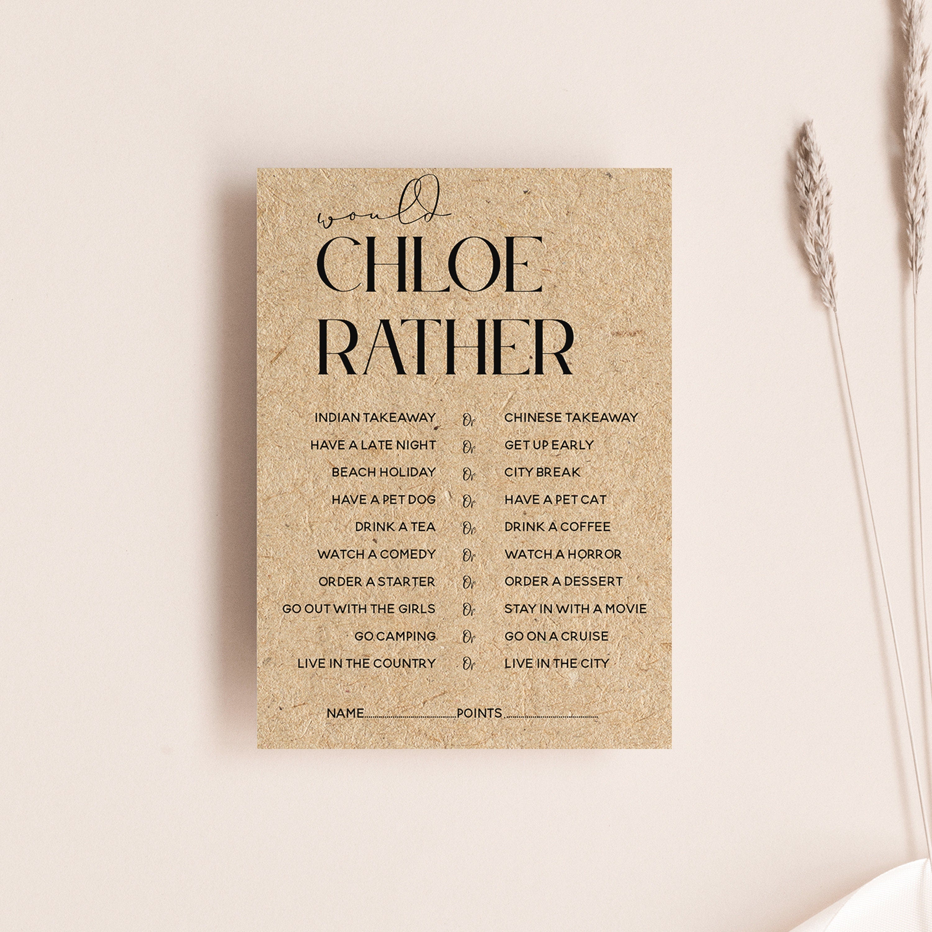 Personalised Kraft Would she Rather Cards