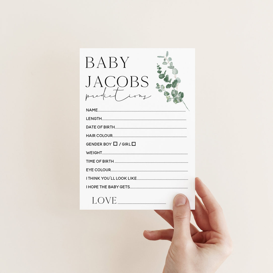 Botanical Baby Shower Games-Baby Prediction Cards-Personalised Baby Shower Games-Custom Prediction- Sage Theme-Gender Neutral -New Mum Baby