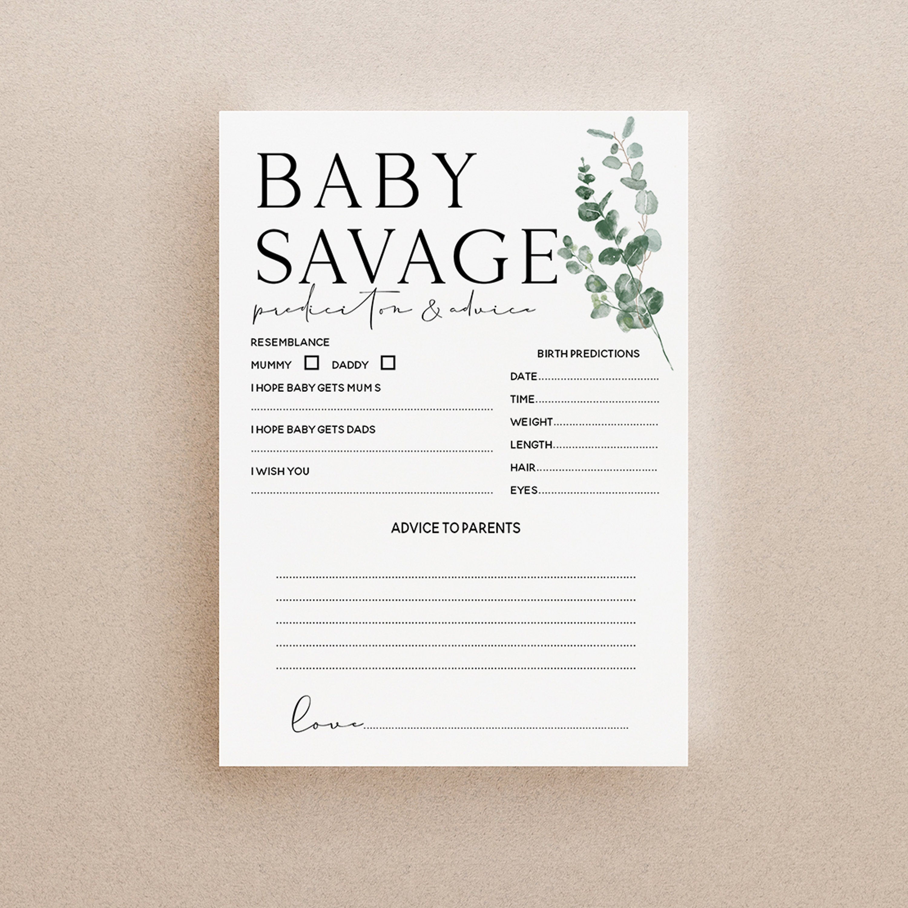 Botanical Baby Shower Games-Baby Prediction Advice Cards-Personalised Baby Shower Games-Custom Game- Sage Theme-Gender Neutral -New Mum Baby