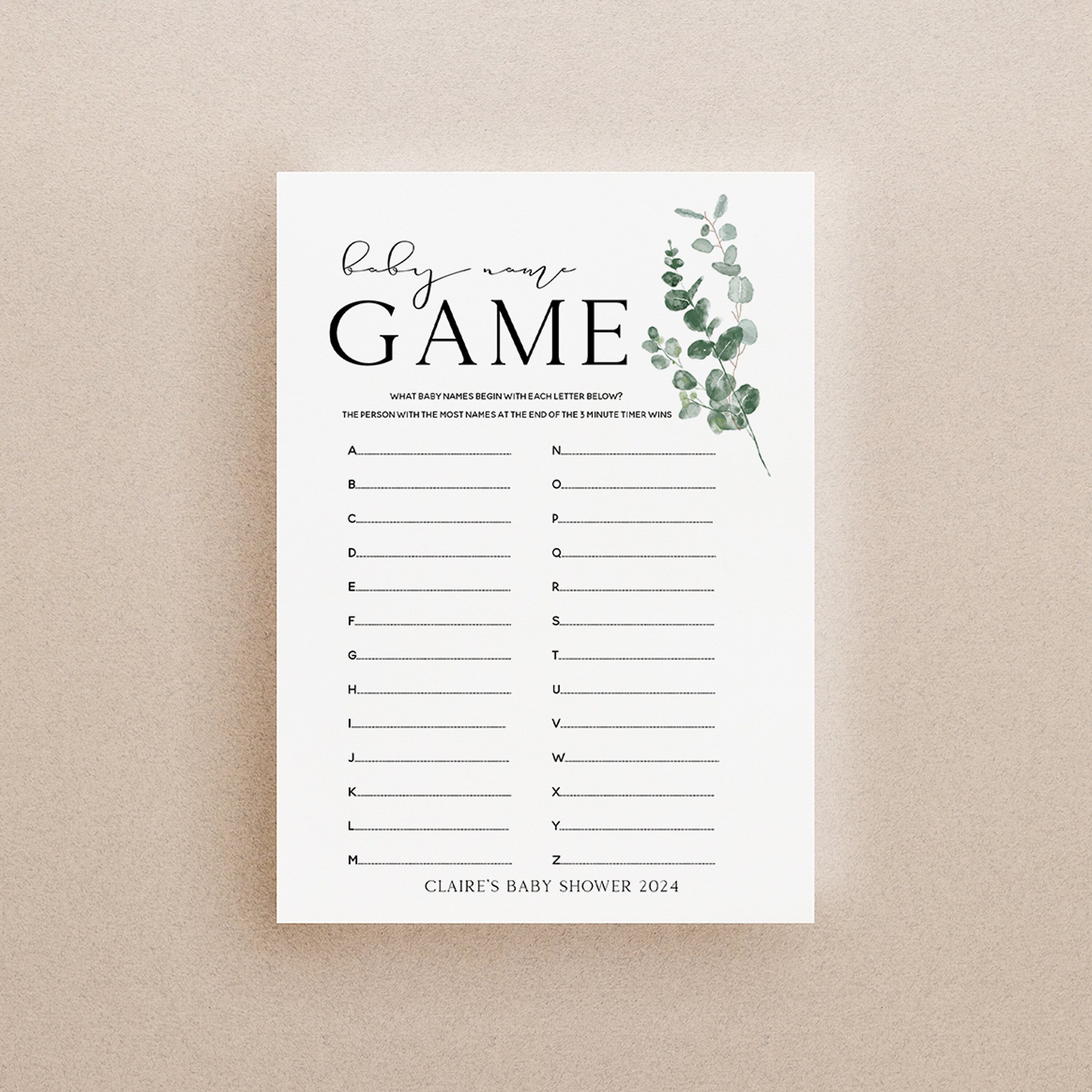 Botanical Baby Shower Games-Baby Name Game Cards-Personalised Baby Shower Games-Custom Game- Sage Theme-Gender Neutral -New Mum Baby