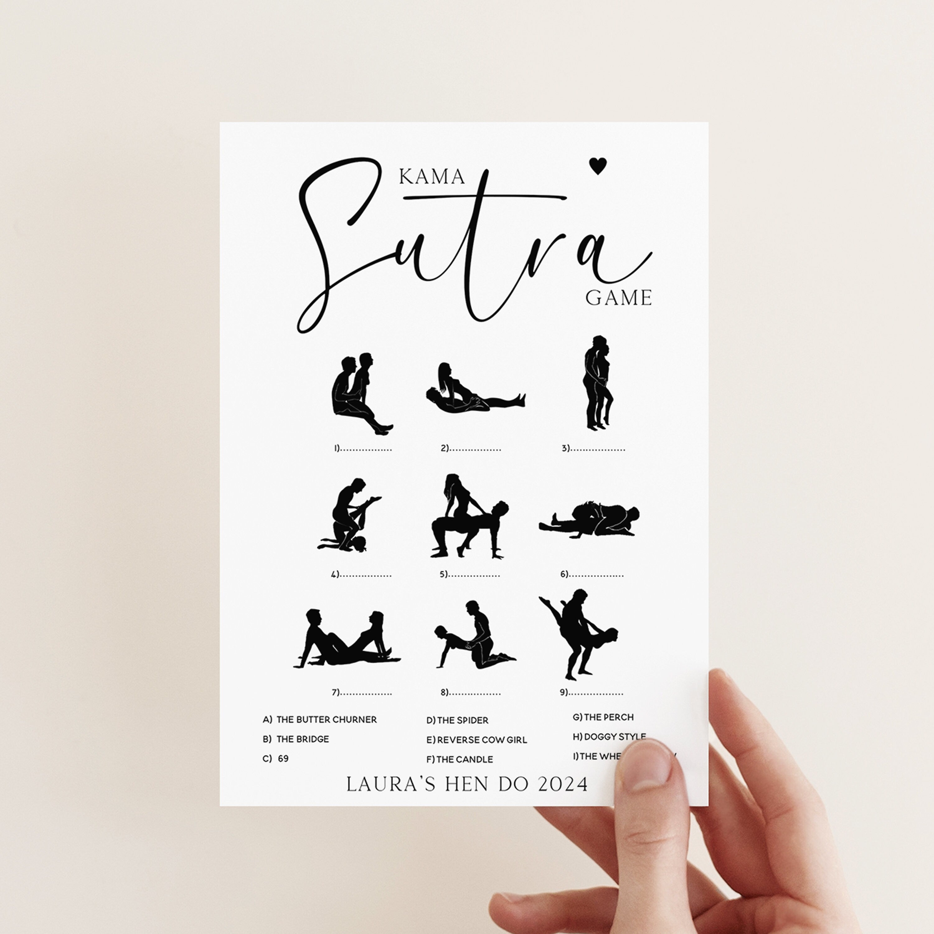 Personalised Minimalist Kama Sutra Hen Party Game Cards