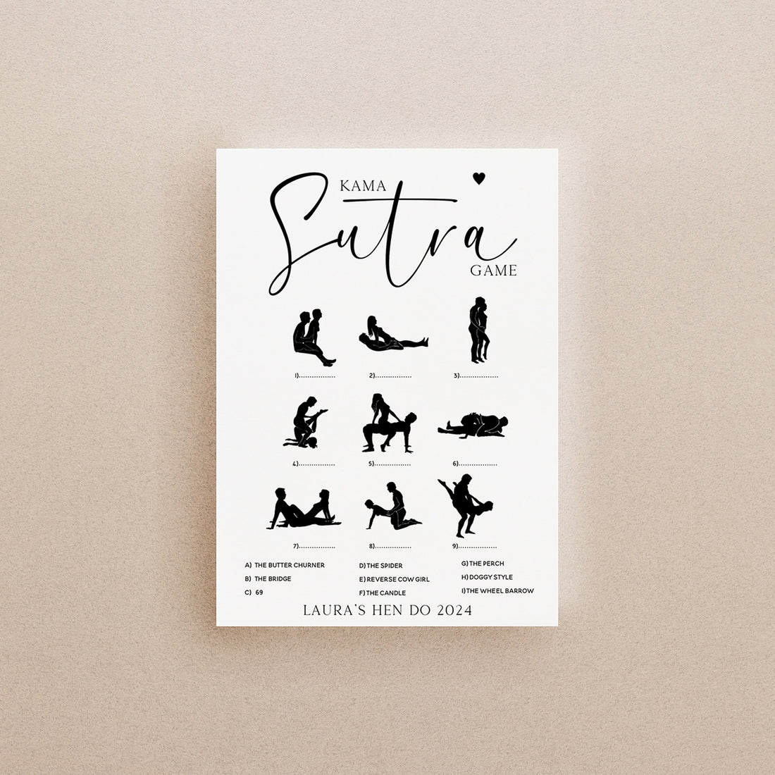 Personalised Minimalist Kama Sutra Hen Party Game Cards