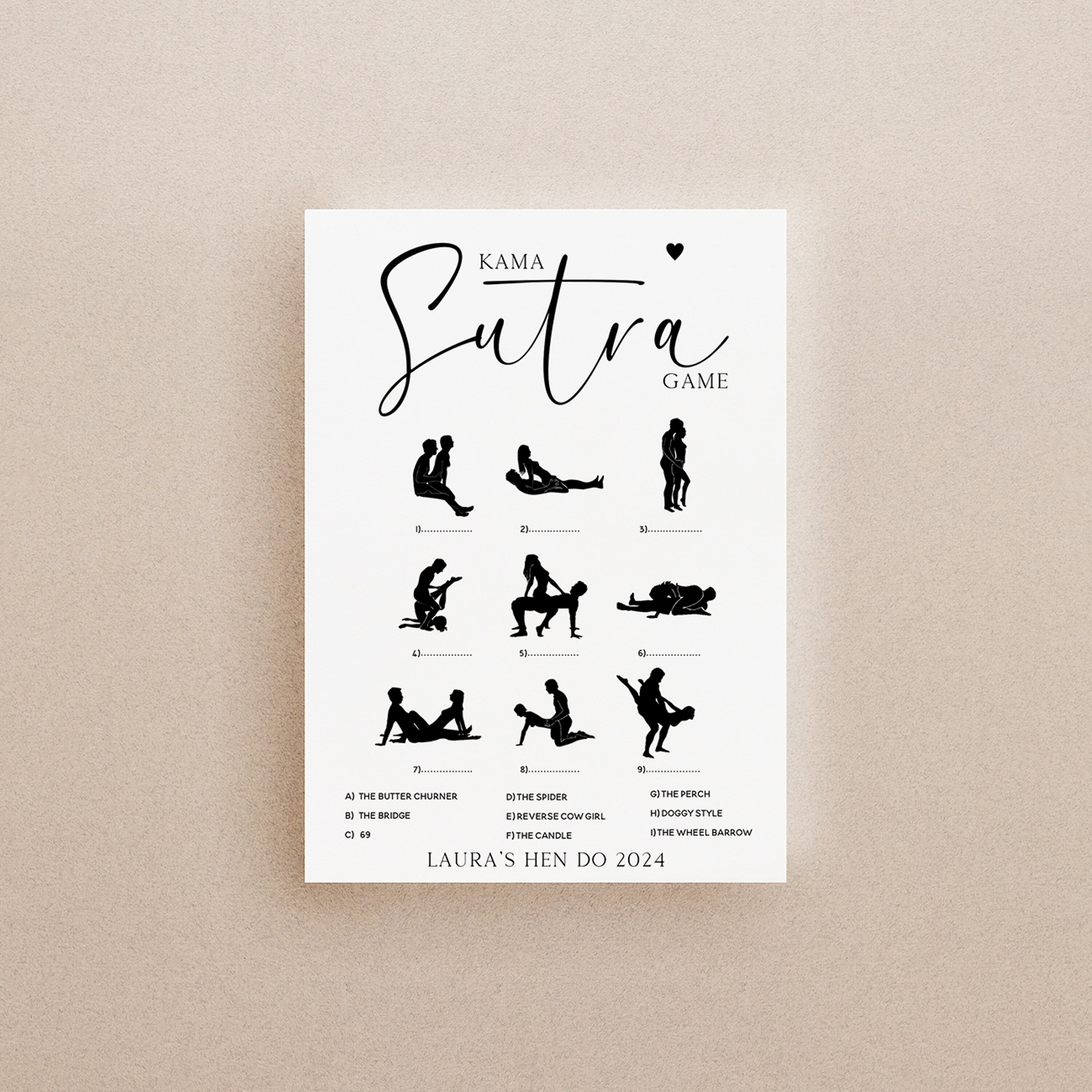 Personalised Minimalist Kama Sutra Hen Party Game Cards
