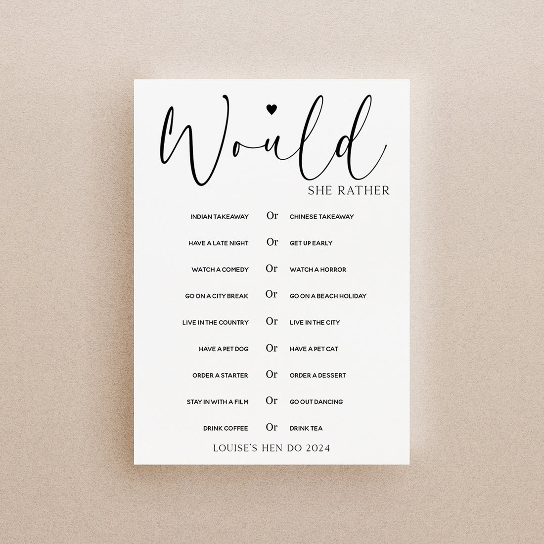 Personalised Would She Rather Cards