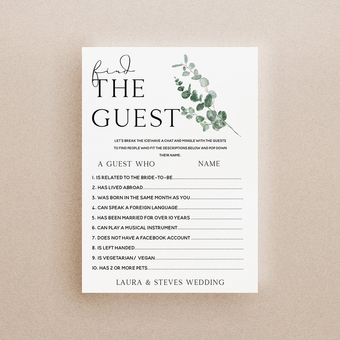 Find The Guest Botanical Personalised Wedding Game