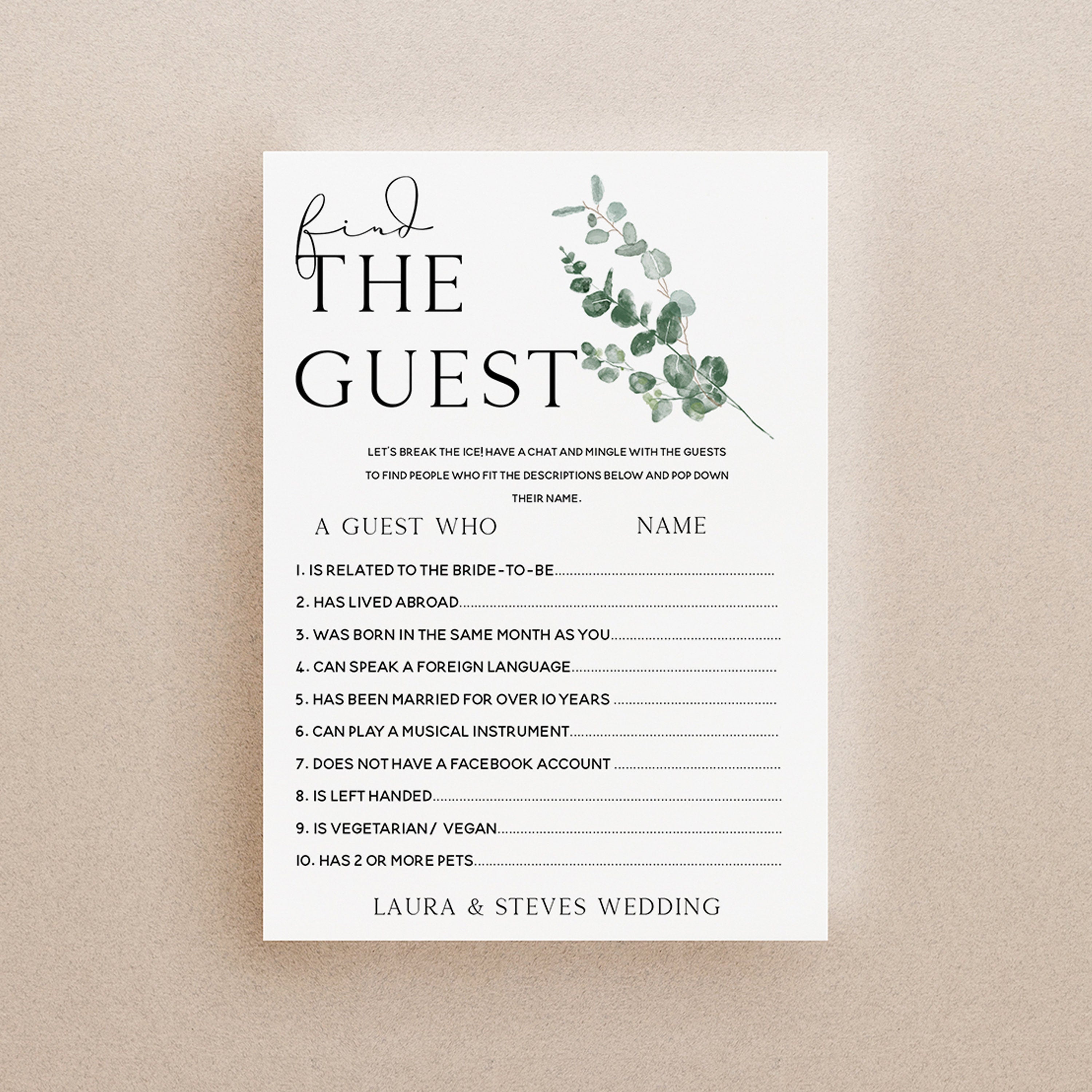 Find The Guest Botanical Personalised Wedding Game