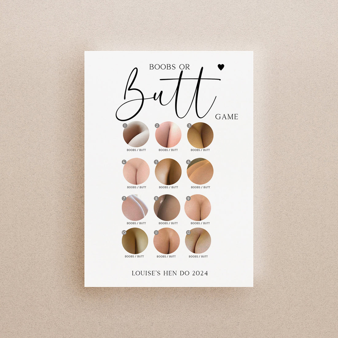 Personalised Minimal Script Boobs Or Butt Game Cards