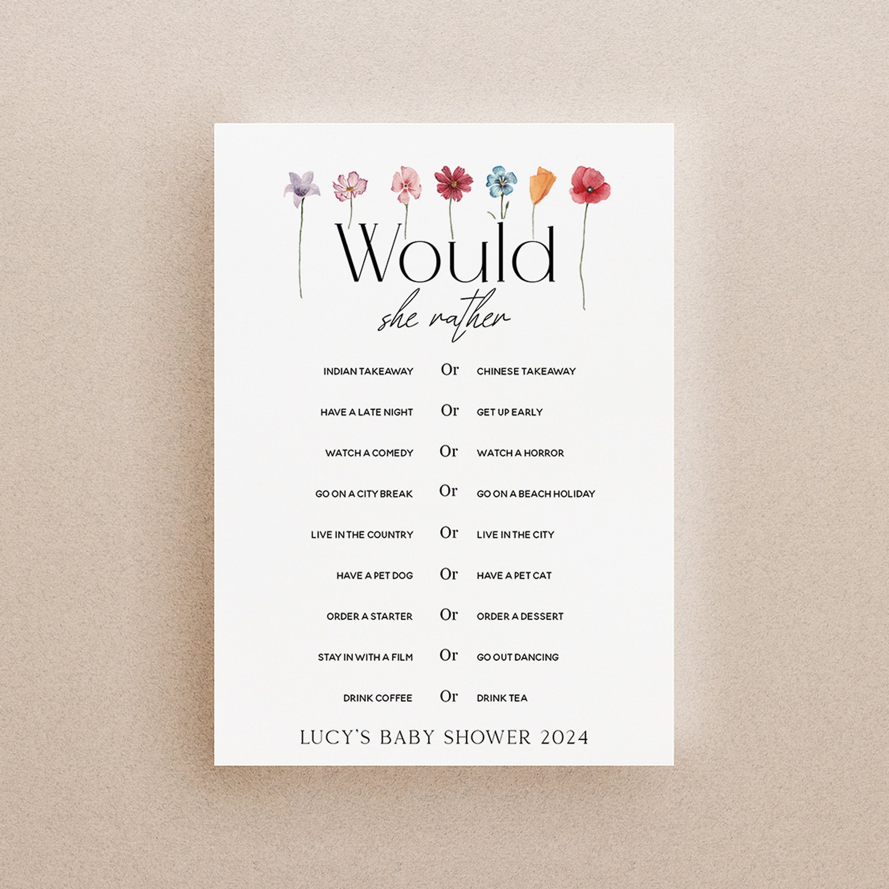 Personalised Minimal Flower Floral Theme Baby Shower Would She Rather Cards
