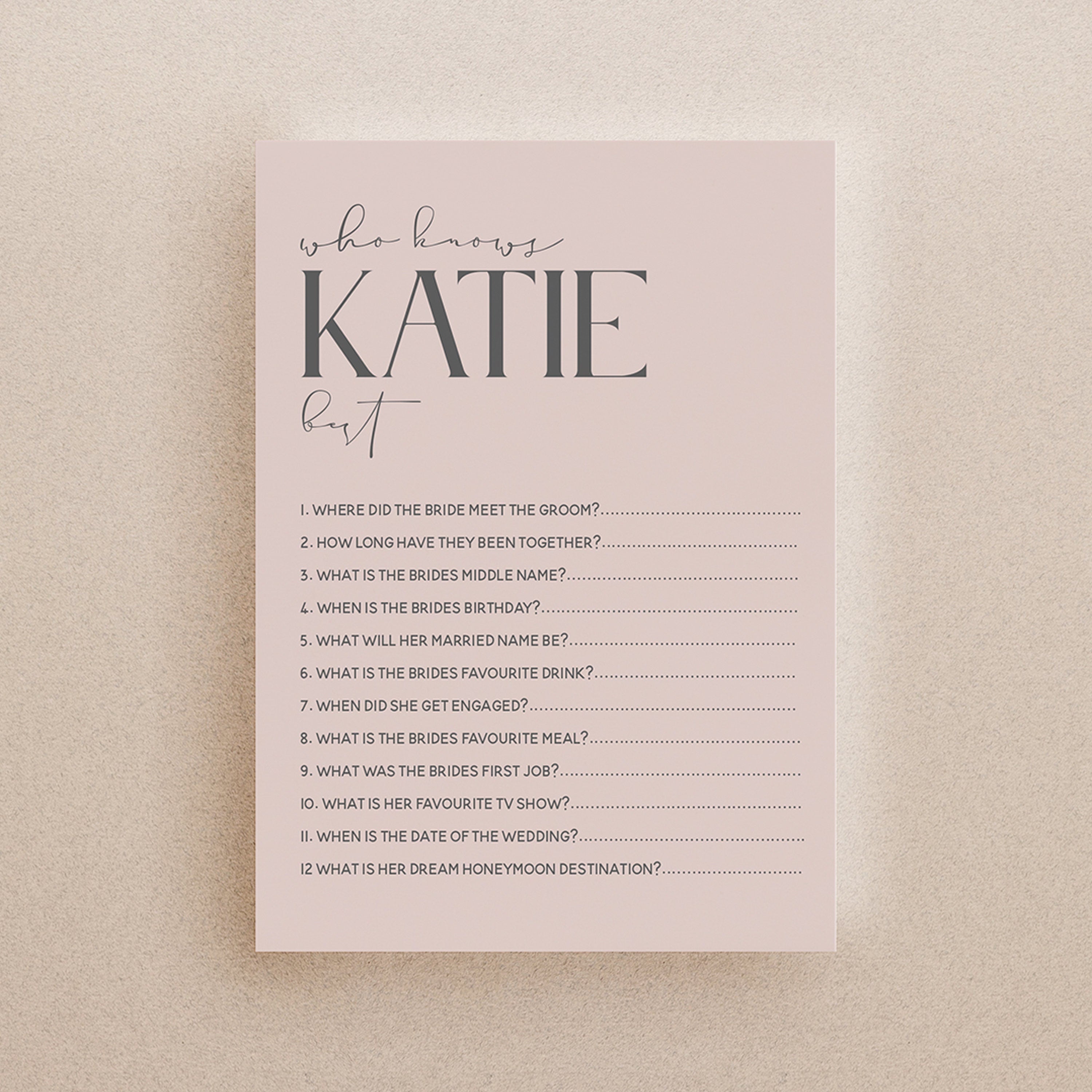 Blush Pink Card Personalised Who Knows The Bride Game Cards
