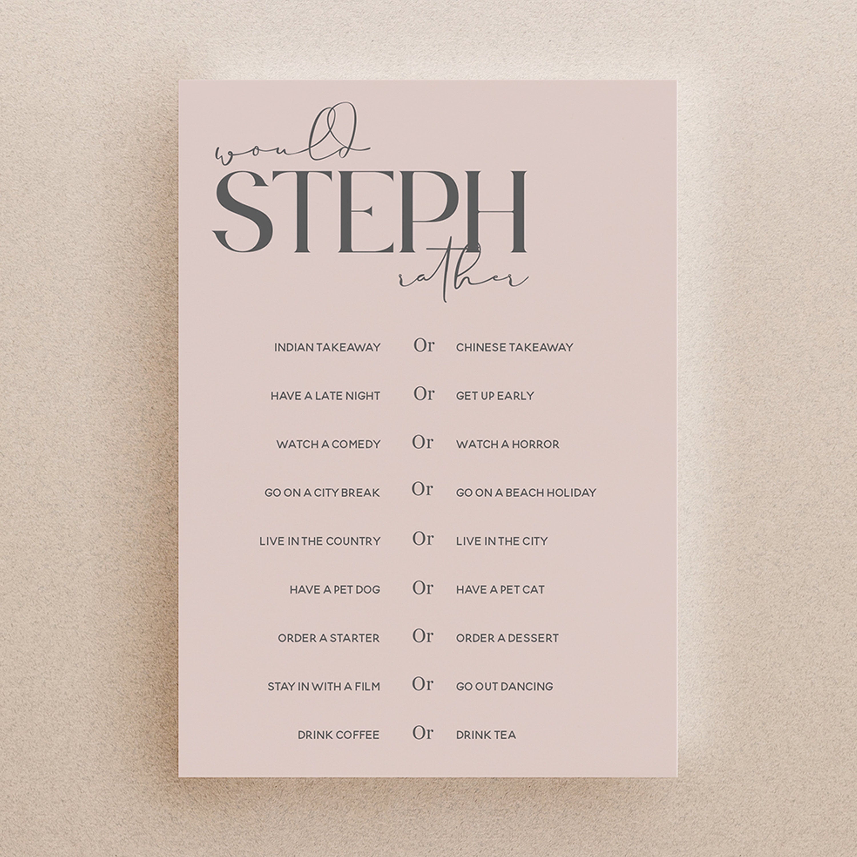 BLush Pink Card Personalised Would She Rather Game