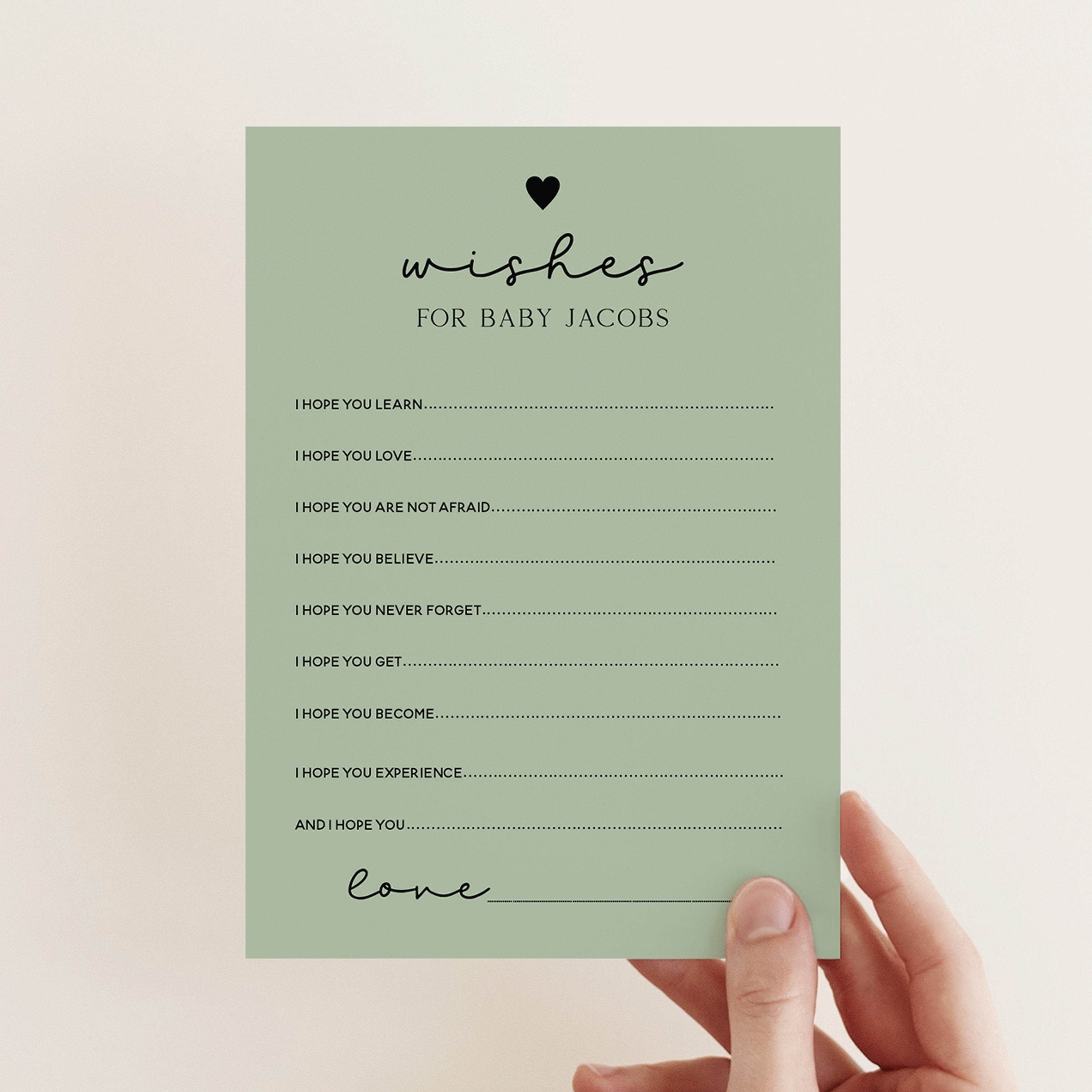 Personalised Sage Green Minimal Heart Baby Shower Wishes For Baby Cards