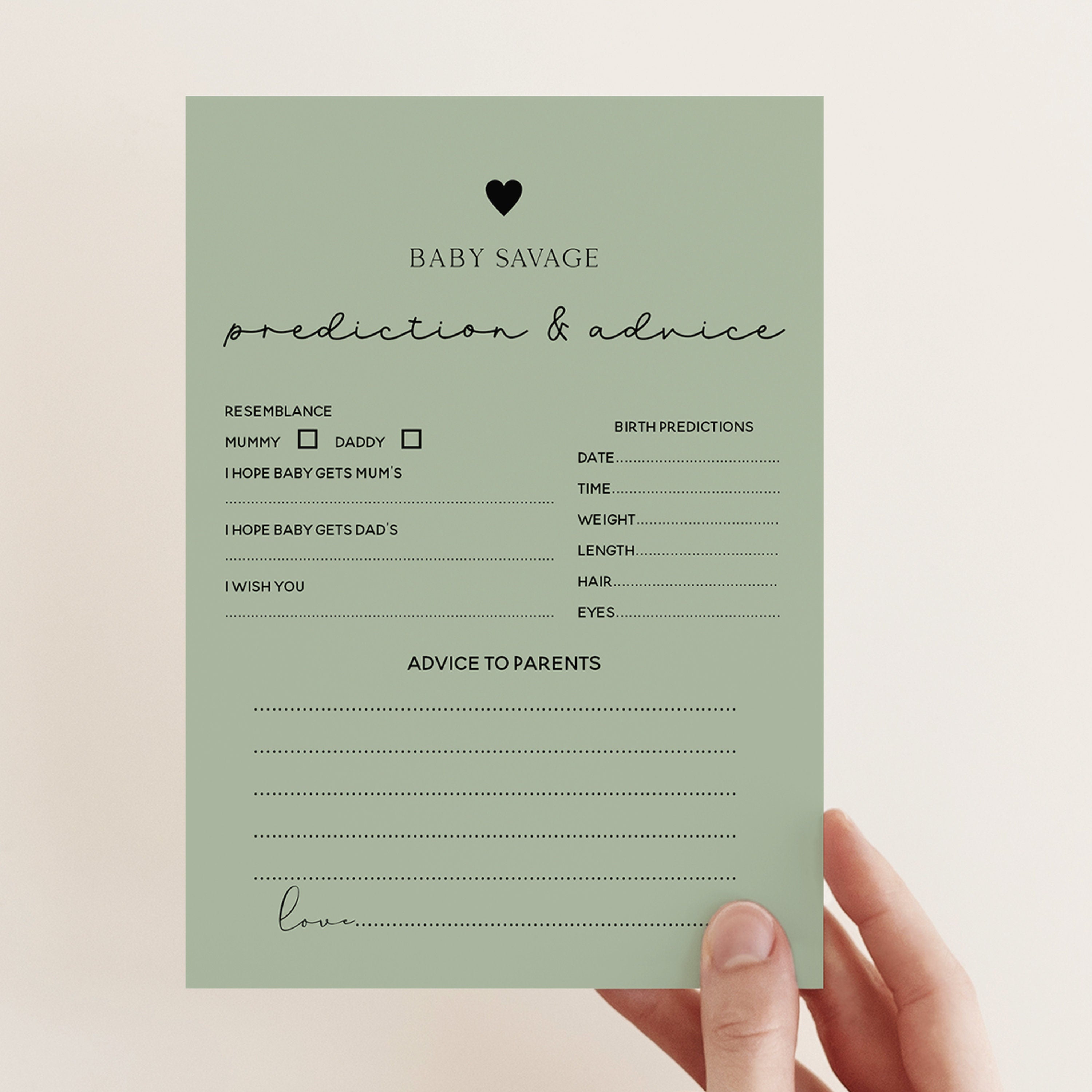 Personalised Sage Green Baby Shower Prediction/Advice Cards
