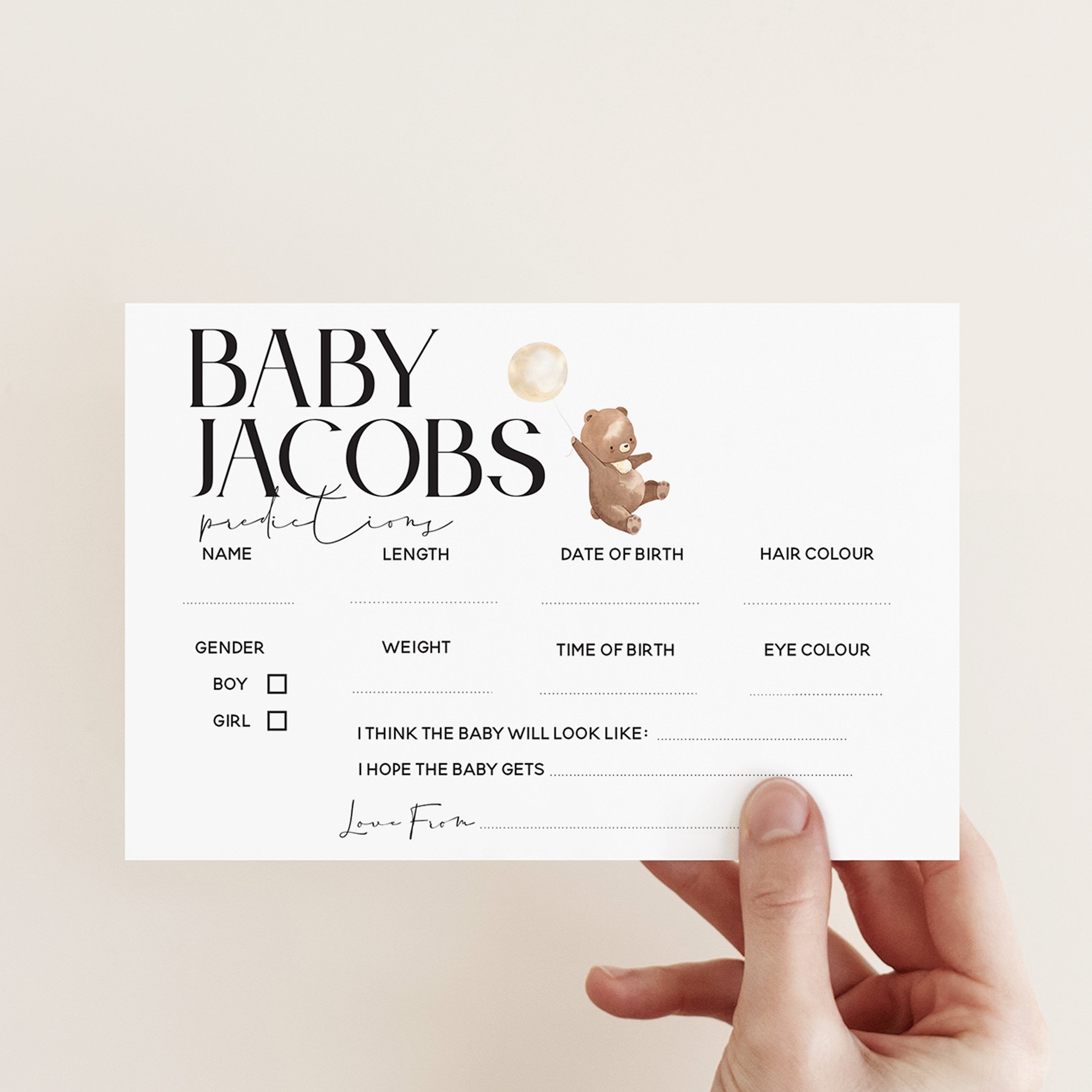 Baby Prediction Cards-Personalised Bear Baby Shower Games-Predictions-Teddy Bear Theme-Gender Neutral Unisex-New Mum Baby Gift-Baby Sprinkle